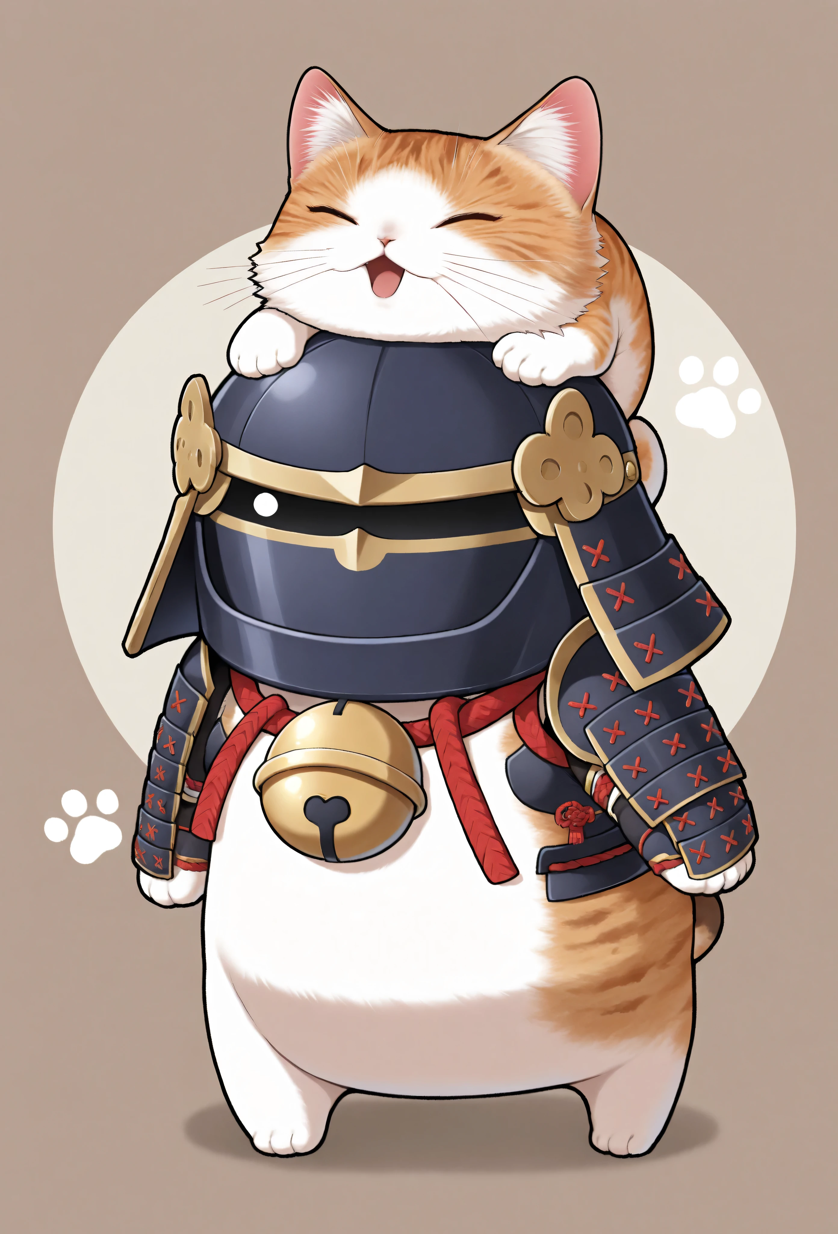 (masterpiece, best quality:1.2), animal focus, no humans, chibi-style cat, 2-head proportions, samurai armor with comically large helmet and bell on collar, holding a giant fish triumphantly over its head in one paw while the other paw rests on its hip confidently, open mouth with an excited "meow!"