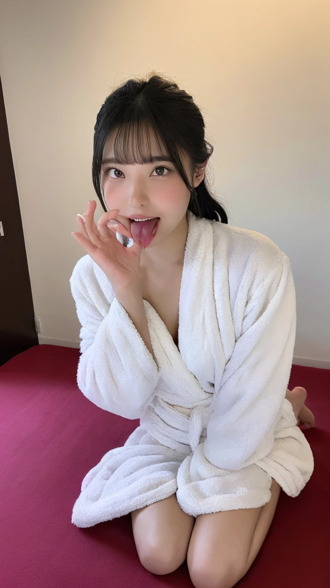 Bathrobes,(open mouth:1.5),(tongue out:2),lying,hand between legs,overhead shot,front view,face focus,(1girl,Beautiful 14 year old girl,teenager),((Slender,Small breasts,Small face,)),(looking at viewer),Black Hair,bangs,one side up,Beautiful and detailed,(Dimly lit room:1.5),White bed,pillow,Mischievous smile