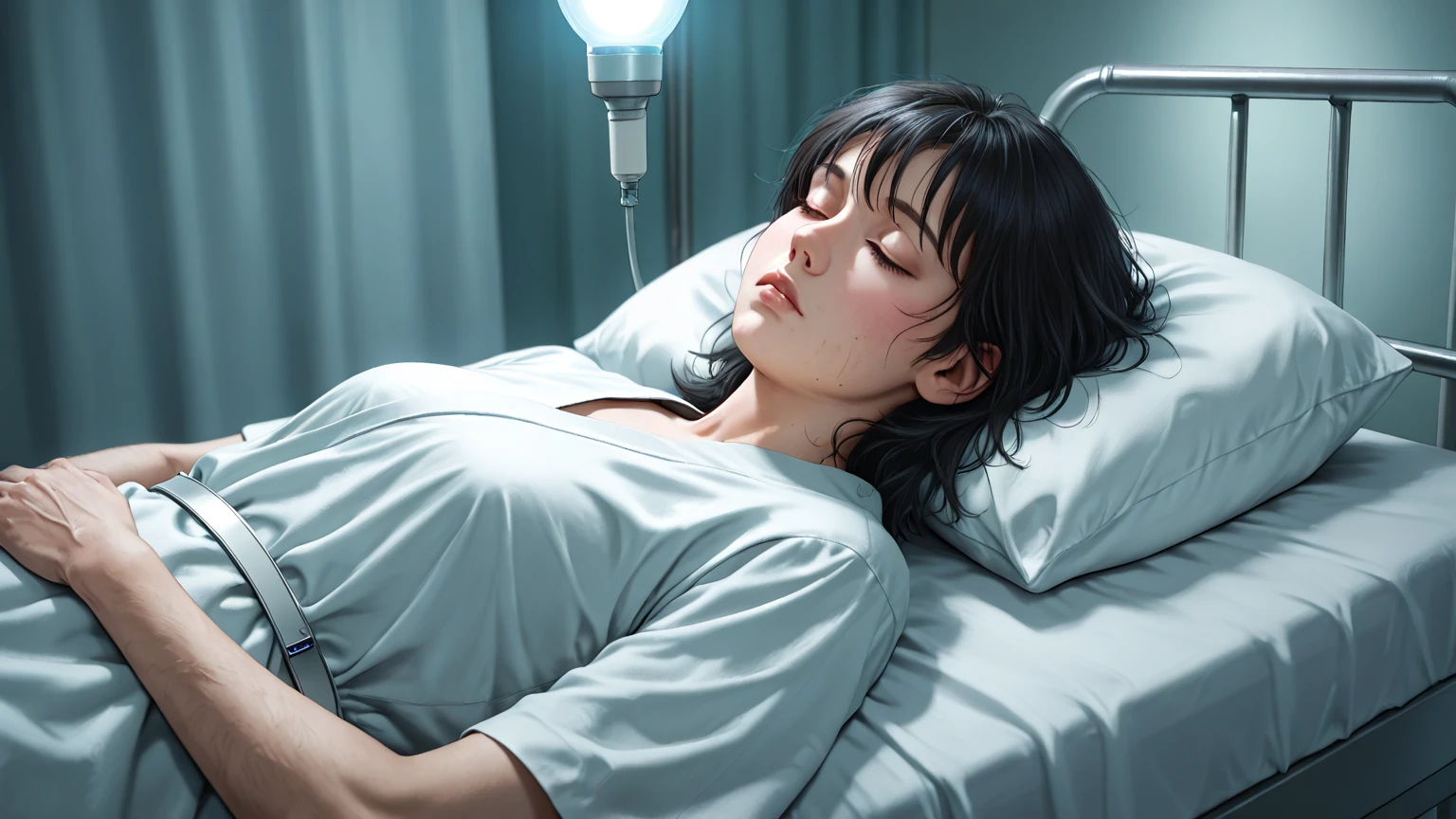 Young 20 year old black pregnant lying in the hospital bed, full body, short hair, seen from above.