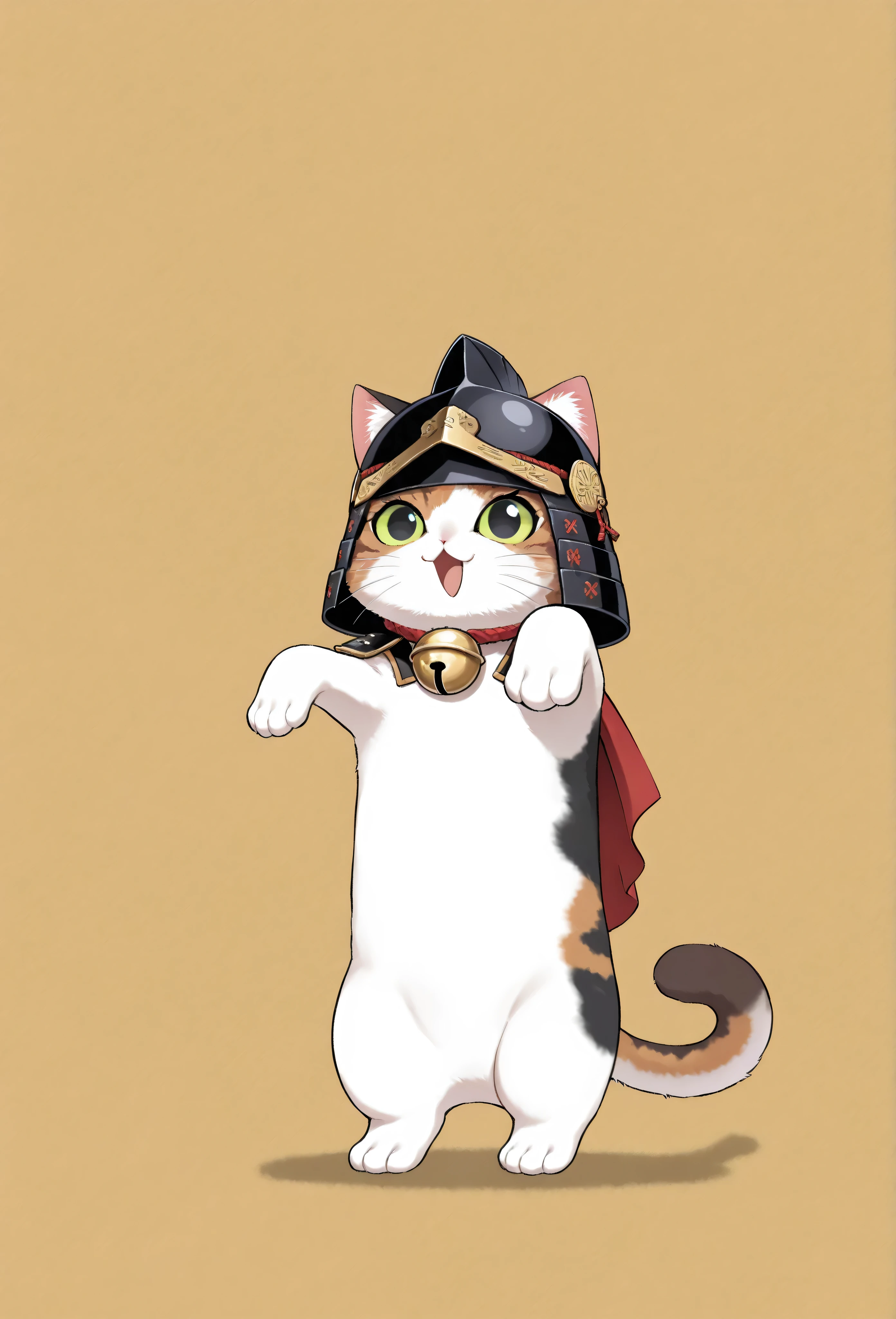 (masterpiece, best quality:1.2), animal focus, no humans, chibi-style cat, 2-head proportions, samurai armor with comically large helmet and bell on collar, holding a giant fish triumphantly over its head in one paw while the other paw rests on its hip confidently, open mouth with an excited "meow!"