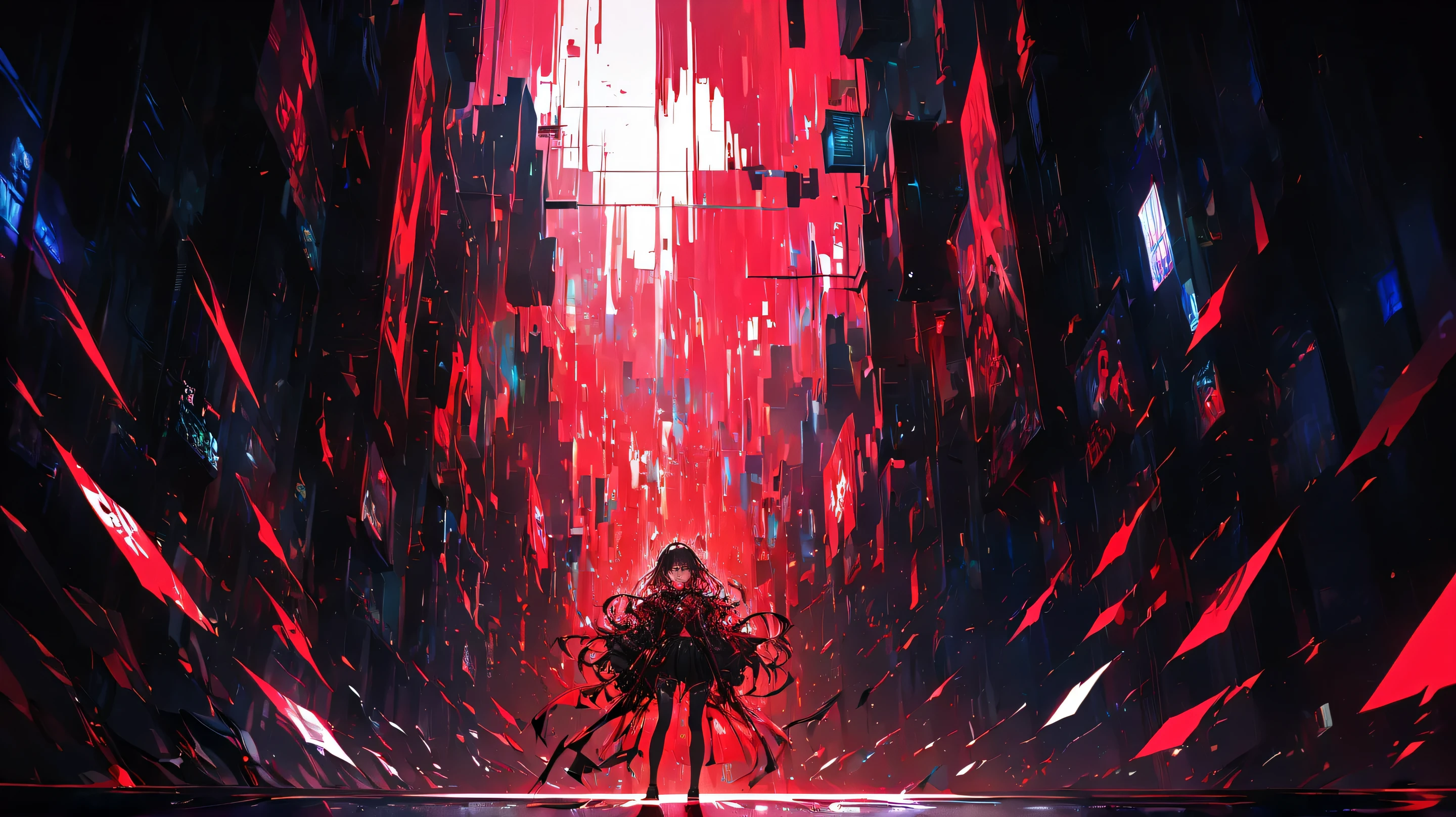 An anime-style girl with long black hair, reflecting intense neon red lights.
Glowing red eyes, possibly cybernetic, with glitch effects or signal distortion, as if malfunctioning.
Face partially fragmented into pixels, breaking into digital data, like she’s dissolving into cyberspace.
Composition & Perspective:
Low-angle shot, as if a character is looking up at the sky, where an intense red glow illuminates her face.
Full-body perspective, highlighting her sharp black and red cyberpunk attire, blending between physical material and glitching digital distortion.
A strong yet ominous stance, as if she is stepping into a corrupted reality, surrounded by red and black data streams.
A chaotic sky above, filled with flickering crimson distortions, like a collapsing cyberspace.
Art Style:
Cyberpunk, glitch, sci-fi, dystopian, digital distortion.
Main colors: Red and black, creating a powerful, mysterious, and intense aesthetic.
Strong glitch effects, pixel breakage, and digital noise, making the character look like she’s trapped in a glitched, blood-red digital void.