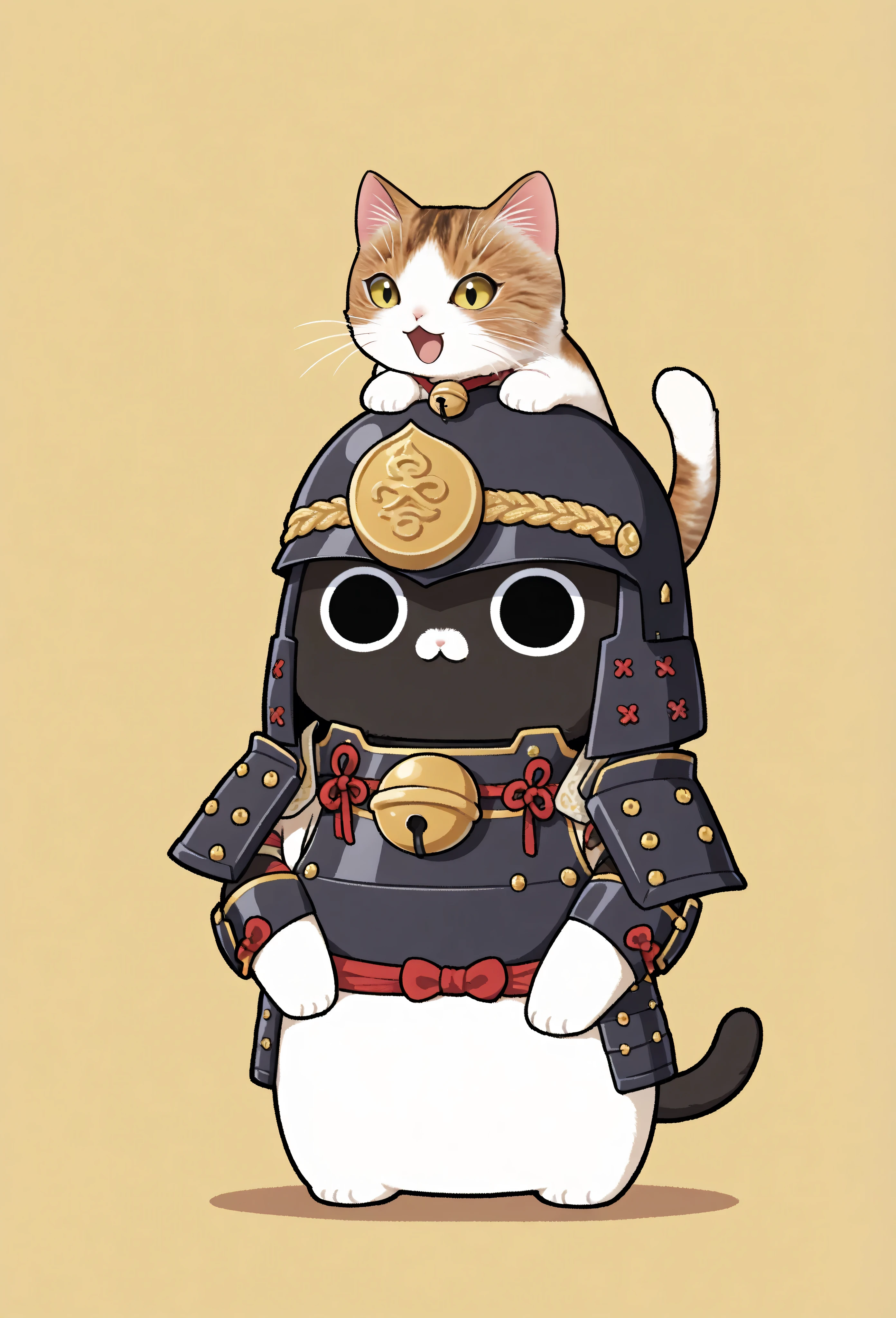 (masterpiece, best quality:1.2), animal focus, no humans, chibi-style cat, 2-head proportions, samurai armor with comically large helmet and bell on collar, holding a giant fish triumphantly over its head in one paw while the other paw rests on its hip confidently, open mouth with an excited "meow!"