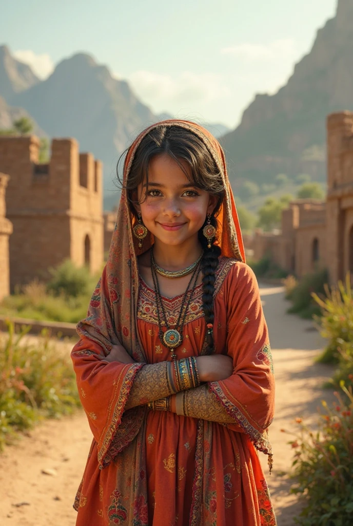 Create a child Egyptian girl photo in village with nutral backgrund