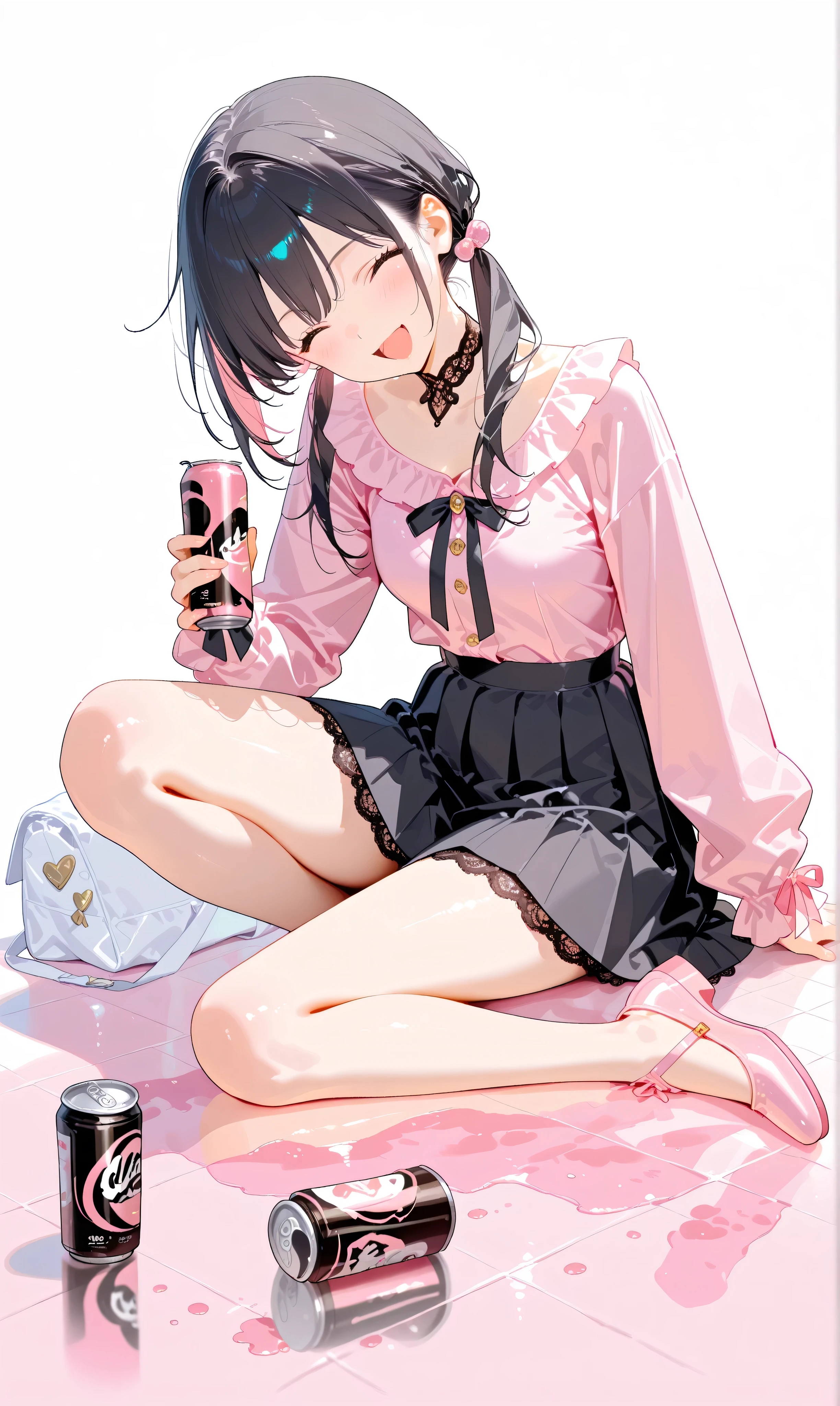 (watercolor: 0.5), ( pastel : 0.5), laughing while sitting , black hair with blurry pinkish highlights、holding a can of drink, long twin tails , sitting on the ground , Soft brush , tilt your neck, pink ruffle blouse , black pleated skirt , drink can ribbon accent , Black Lace Trim , pink and black aesthetic , cute Japanese fashion , white minimalist background , video viewers , Drink from a can with a straw , Holding a drink can, full body view. , beautiful, masterpiece, high quality, 4K UHD, ridiculous
