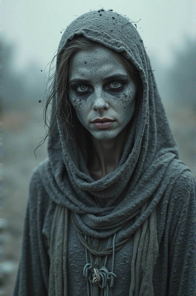 Create an image of a person with a face full of ashes
