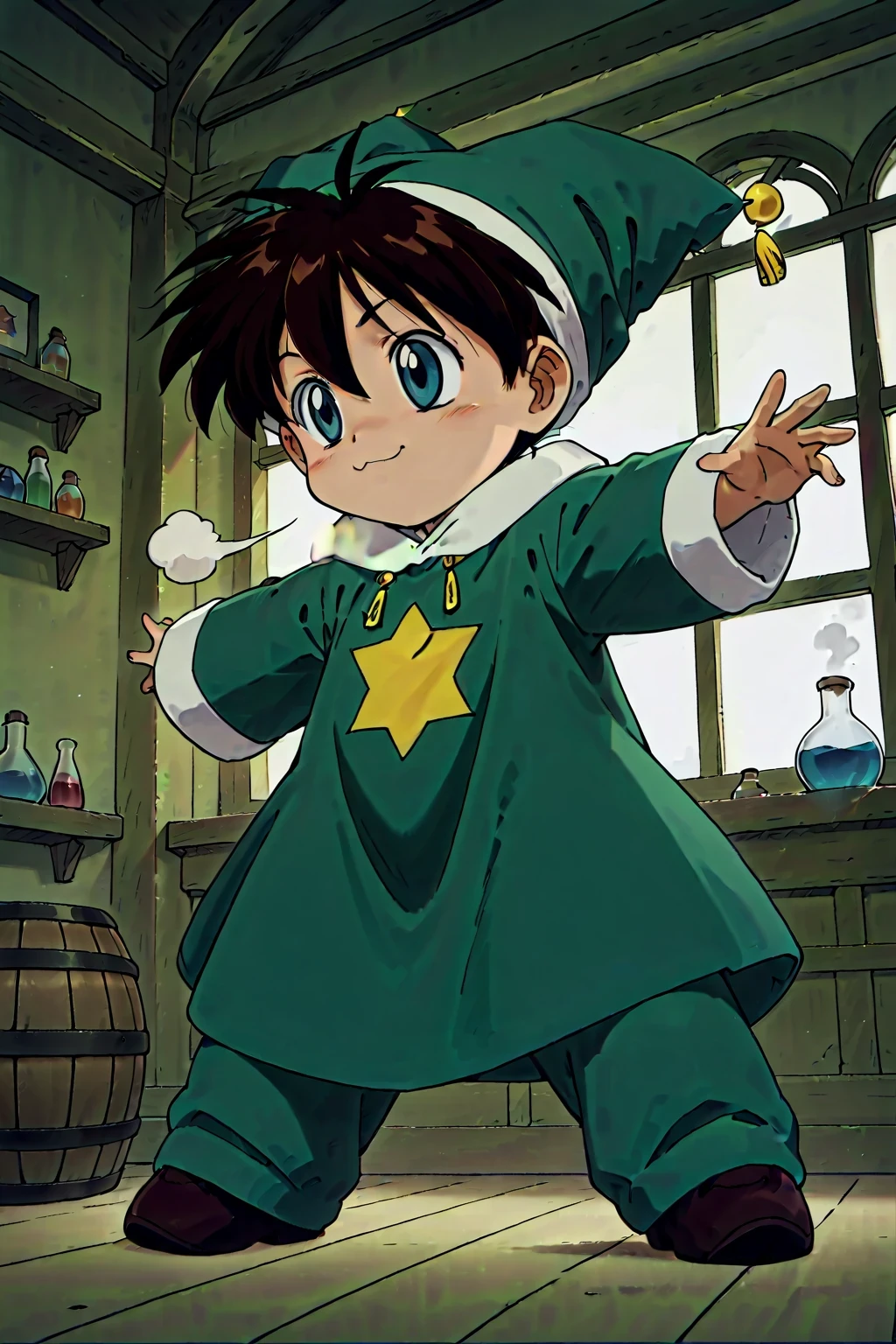 masterpiece,highest quality,Super detailed,32K,High resolution,an extremely delicate and beautiful,Official Art,Perfect Anatomy,(solo:1.5), Contrasting colors,octane rendering,Fully painted,anime coloring,anime screencap,Cel-shaded anime,retro artstyle,1990s \(style\),90s anime,90s anime style, perfect face,ultradeTailed eyes,beautiful,sexy,supermodel,athletic body,shiny skin,Dramatic light,(scale to fit the dimensions:1.2),
yousei\(Atelier\),eyebrows visible through hair,green coat,green headwear,green shirt,hair between eyes,jester cap,jewelry,long sleeves,((chibi anime:1.52)),((action pose:1.25)),
looking_at_viewer,face_focus,fantasy,indoor,test tube,flask,smoke,window_,scenery,laboratory equipment,alchemy,barrel,profile,looking ahead,sigh