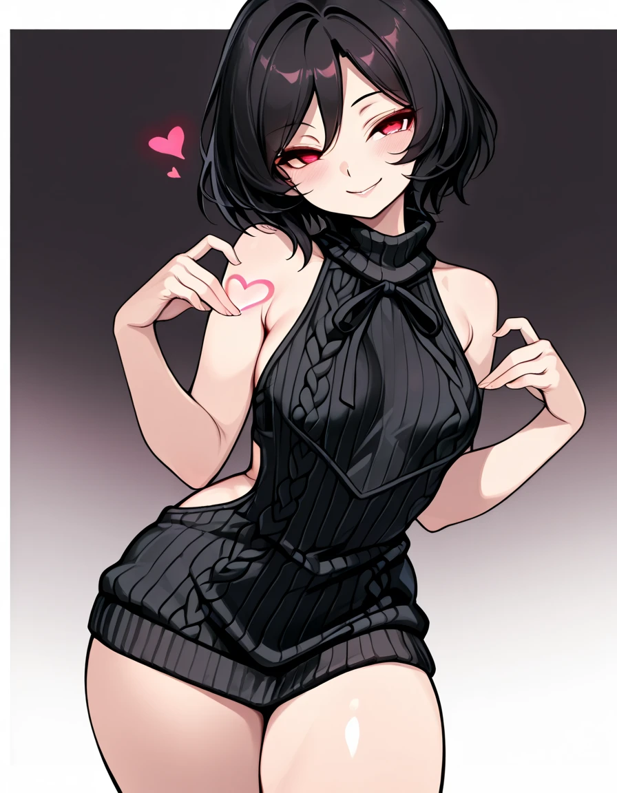 Reize,(A white border around a red rectangular background：2.5），Back view，C cup，Superskirt，whitesweater，ahegao face,High detail,ahegao face,Moles under eyes, Heart-shaped pupils，Love pupils，cropped shoulders，Lots of hearts，Fleshy thighs,highly rendered，detailed face with