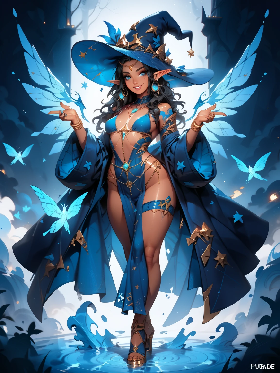 A - yr old nAustralian girl with lovely charming face,( brown skin texture masterpiece), (smiling with exposed teeths showing)(perfect full body detailed anatomy), (Super accessories detailed), (meditating ), (perfect detailed bright sparkling eyes),( short illuminating silver crystalized hair), ((expose big hard erect nipples))(( exposed panty ))((legs wide open showing pussy line))(( Wearing transparent illuminating costume of an witch)), holding a treasure staff or wand (( illuminating different lights covering the sorrounding atmosphere)) on its back wearing beautiful large butterfly wings detailed design, The character solemnly praying, 7 different perspective view of that same girl & face profile sheet character style