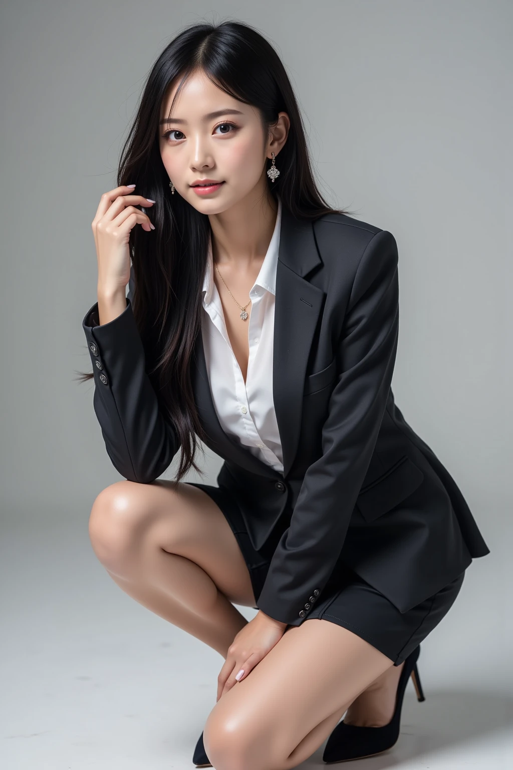 Tabletop, highest quality, Realistic, Very detailed, finely, High resolution, 8k wallpaper, One beautiful woman,, Light brown messy hair, He is wearing a black see-through dress shirt with an open collar...., Sharp focus, Perfect dynamic composition, Beautiful and detailed, Thinning hair, Detailed Realistic skin texture, smile, Close-up portrait, Model Body Type、president'secretary、mini skirt、High heels、whole body、suit