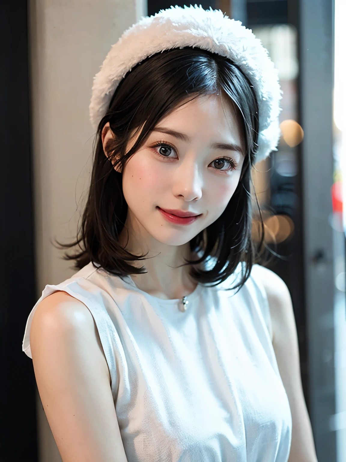 (masterpiece, best quality),1 girl, solo, black hair, scarf, hat, real, real, look at viewer, black eyes, short hair, coat, winter clothes, white scarf, lips, bangs, outdoors, closed mouth, upper body, big eyes, eyelashes ((really nothing background, really pure white background)), ((short hair with bangs, staring at the viewer, cute beauty, beautiful beauty, ears out, long neck, Happy smile, smile with mouth closed))), masterpiece, highest quality, ultra high resolution, (photorealistic photo: 1.4), ((1 girl, white fair skin: 1.4, kneeling, from above, looking up at the viewer, face close-up, 19 years old, pretty, cute, black hair, bob_cut, short hair with bangs, big breasts: 1.6)) (bikini swimsuit: 1.3, simple blue and white two-tone swimsuit, Glossy shiny shiny swimsuit, shiny swimsuit with reflective surfaces, dripping wet body: 1.2) (portrait of a famous actress of Japan), (smile, happy, joyful, cheerful, close mouth), (breasts tucked between arms with breasts), high detailed eyes, ((((really pure white background, nothing background)))), long neck, (short hair with bangs)))), eyelashes, big eyes, (((very beautiful, very beautiful) ), (((natural light, put out your ears)))