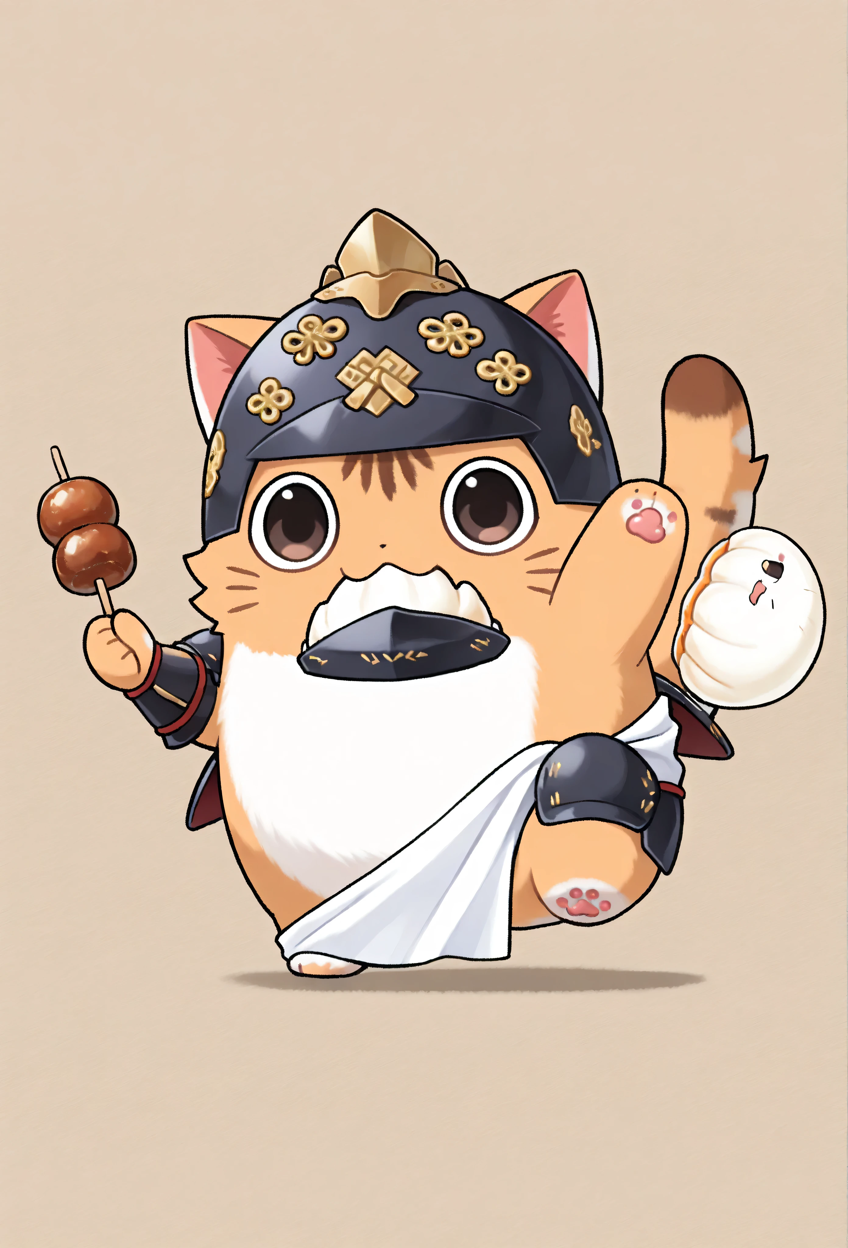 (masterpiece, best quality:1.2), Animal Focus , there are no humans, chibi-style cats, , proportions of 2 heads, samurai armor with soft cloth details, Holding a colorful dumpling skewer、 (Japanese sweets) Holding it with one leg、waving at the viewer on the other leg, opening his mouth as if he were trying to gnaw, playful and bright expression