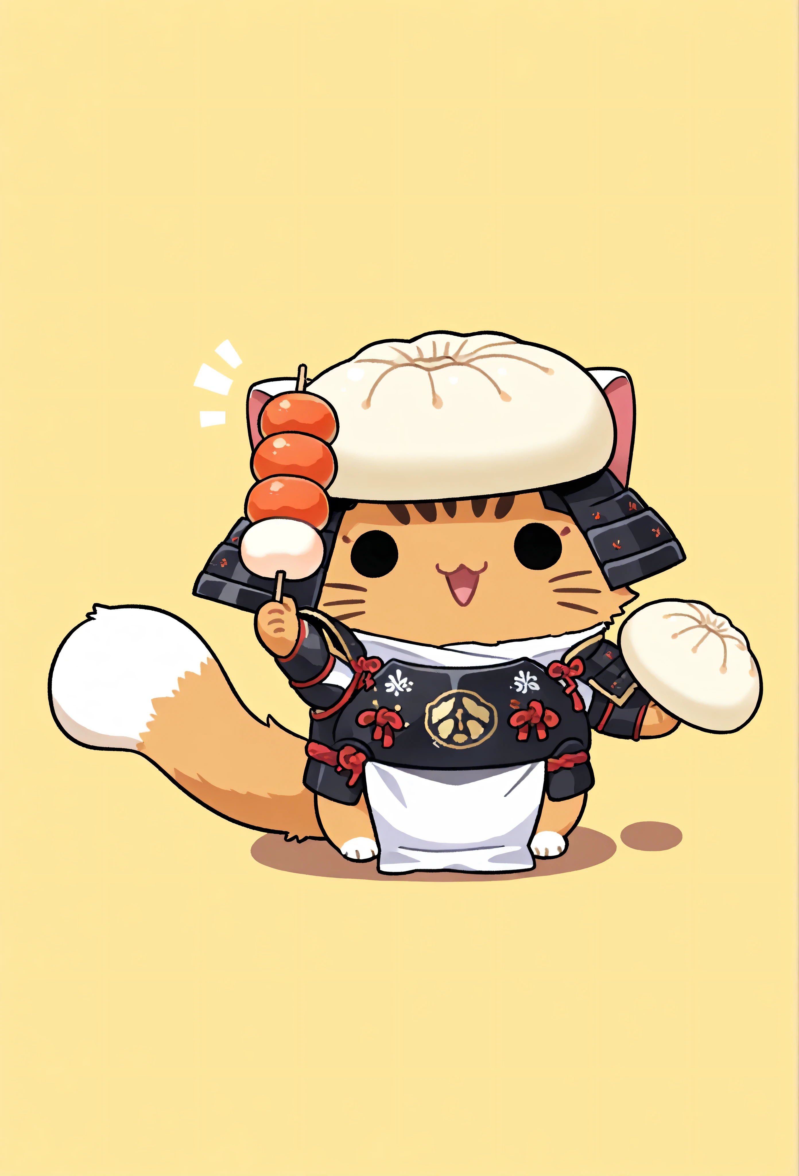 (masterpiece, best quality:1.2), Animal Focus , there are no humans, chibi-style cats, , proportions of 2 heads, samurai armor with soft cloth details, Holding a colorful dumpling skewer、 (Japanese sweets) Holding it with one leg、waving at the viewer on the other leg, opening his mouth as if he were trying to gnaw, playful and bright expression