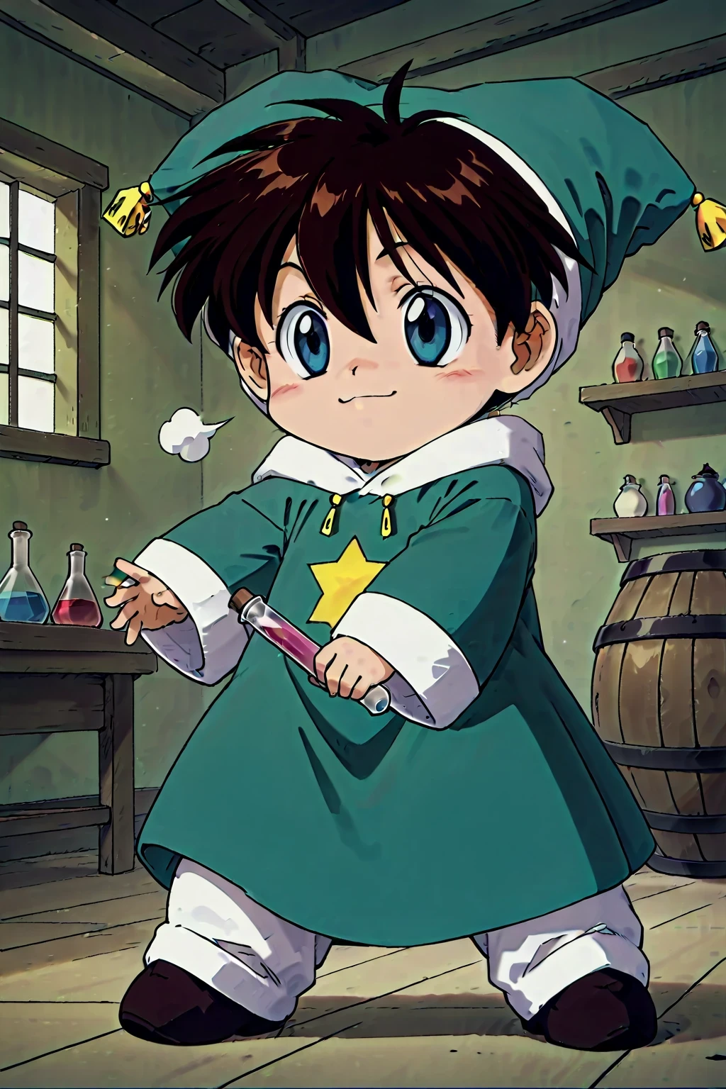 masterpiece,highest quality,Super detailed,32K,High resolution,an extremely delicate and beautiful,Official Art,Perfect Anatomy,(solo:1.5), Contrasting colors,octane rendering,Fully painted,anime coloring,anime screencap,Cel-shaded anime,retro artstyle,1990s \(style\),90s anime,90s anime style, perfect face,ultradeTailed eyes,beautiful,sexy,supermodel,athletic body,shiny skin,Dramatic light,(scale to fit the dimensions:1.2),
yousei\(Atelier\),eyebrows visible through hair,green coat,green headwear,green shirt,hair between eyes,jester cap,jewelry,long sleeves,((chibi anime:1.52)),((action pose:1.25)),
looking_at_viewer,face_focus,fantasy,indoor,test tube,flask,smoke,window_,scenery,laboratory equipment,alchemy,barrel,profile,looking ahead,sigh