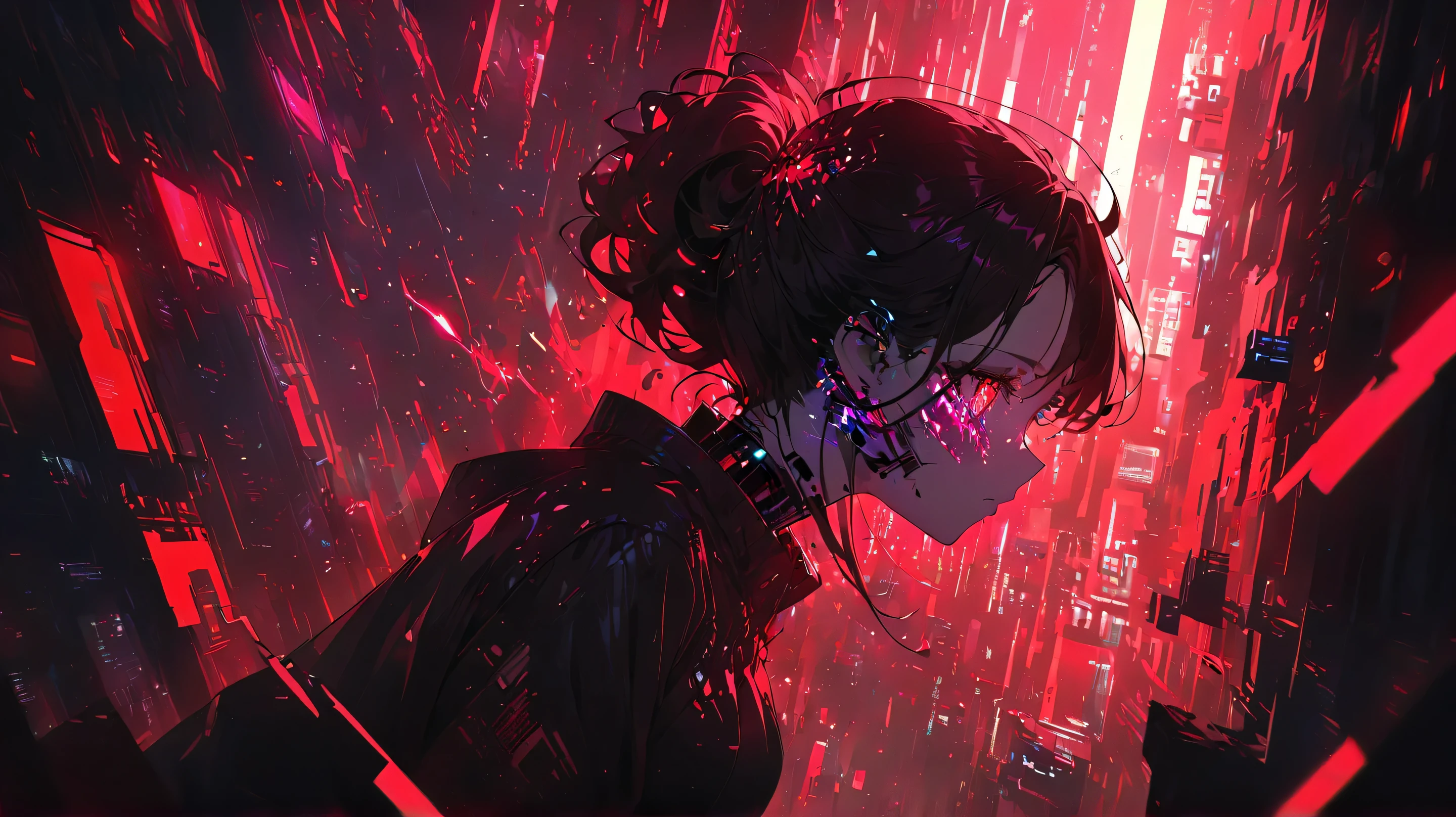 An anime-style girl with long black hair, reflecting intense neon red lights.
Glowing red eyes, possibly cybernetic, with glitch effects or signal distortion, as if malfunctioning.
Face partially fragmented into pixels, breaking into digital data, like she’s dissolving into cyberspace.
Composition & Perspective:
Low-angle shot, as if a character is looking up at the sky, where an intense red glow illuminates her face.
Full-body perspective, highlighting her sharp black and red cyberpunk attire, blending between physical material and glitching digital distortion.
A strong yet ominous stance, as if she is stepping into a corrupted reality, surrounded by red and black data streams.
A chaotic sky above, filled with flickering crimson distortions, like a collapsing cyberspace.
Art Style:
Cyberpunk, glitch, sci-fi, dystopian, digital distortion.
Main colors: Red and black, creating a powerful, mysterious, and intense aesthetic.
Strong glitch effects, pixel breakage, and digital noise, making the character look like she’s trapped in a glitched, blood-red digital void.