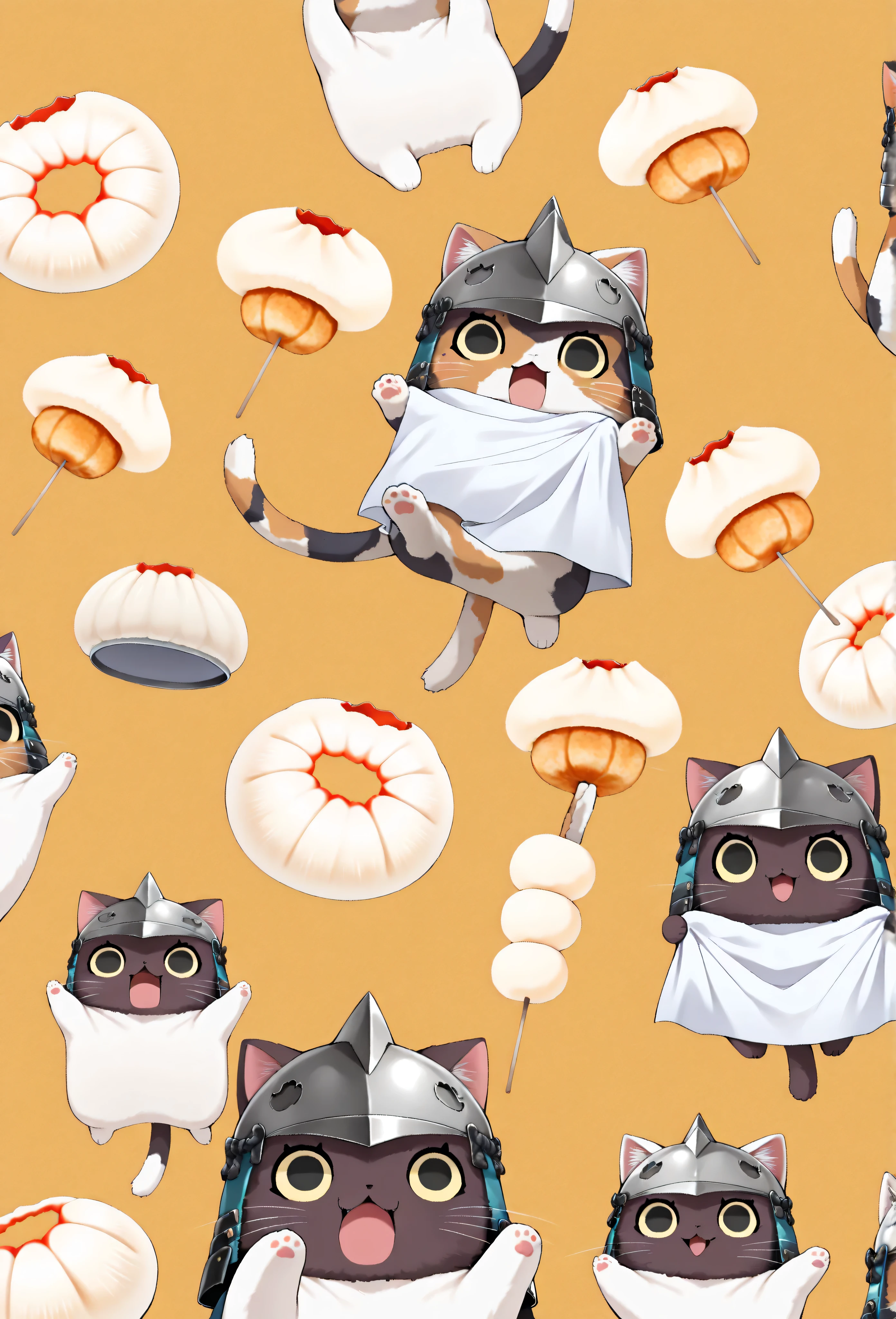 (masterpiece, best quality:1.2), Animal Focus , there are no humans, chibi-style cats, , proportions of 2 heads, samurai armor with soft cloth details, Holding a colorful dumpling skewer、 (Japanese sweets) Holding it with one leg、waving at the viewer on the other leg, opening his mouth as if he were trying to gnaw, playful and bright expression