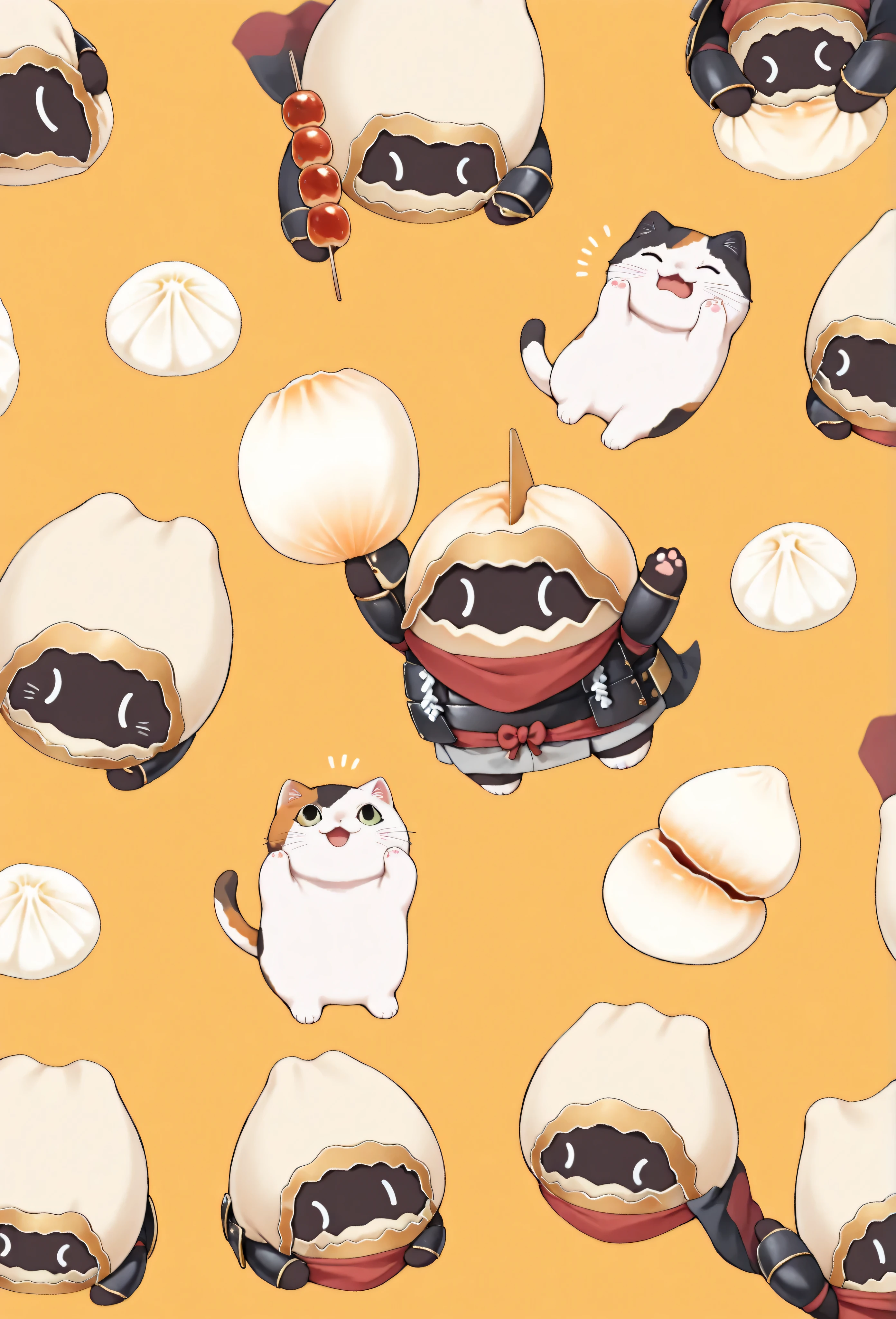 (masterpiece, best quality:1.2), Animal Focus , there are no humans, chibi-style cats, , proportions of 2 heads, samurai armor with soft cloth details, Holding a colorful dumpling skewer、 (Japanese sweets) Holding it with one leg、waving at the viewer on the other leg, opening his mouth as if he were trying to gnaw, playful and bright expression