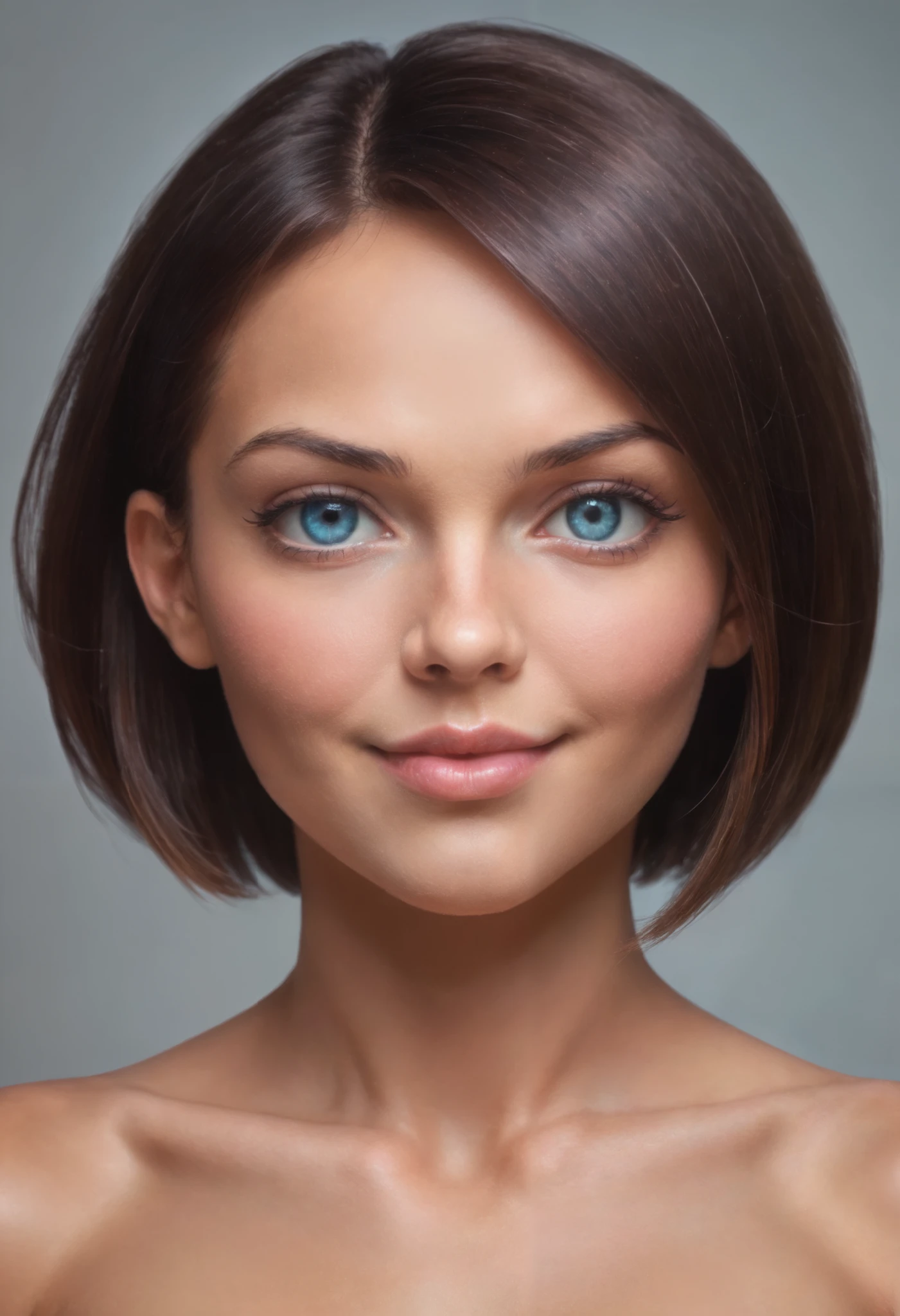 score_9,score_8_ up,score_7_ up, ultra detail, absolute resolution, 32K,Masterpiece, best quality , Super High Definition's beautiful face and eyes with attention to detail, beautiful cyborg, short hair, smile, medium breasts, focus on the face, watching viewers , perfect hand , Perfect Anatomy, camel toes, Venus Rift, front view,