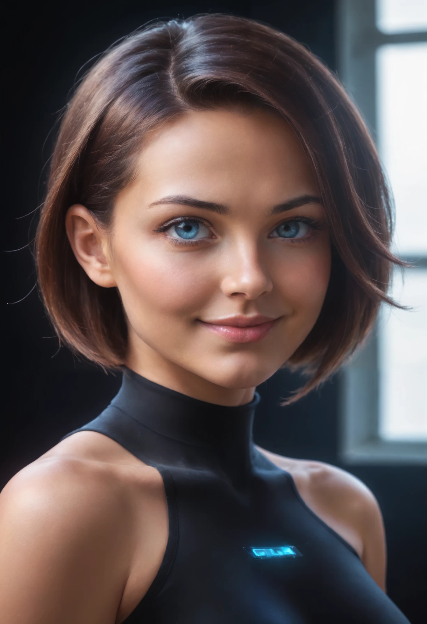 score_9,score_8_ up,score_7_ up, ultra detail, absolute resolution, 32K,Masterpiece, best quality , Super High Definition's beautiful face and eyes with attention to detail, beautiful cyborg, short hair, smile, medium breasts, focus on the face, watching viewers , perfect hand , Perfect Anatomy, camel toes, Venus Rift, front view,