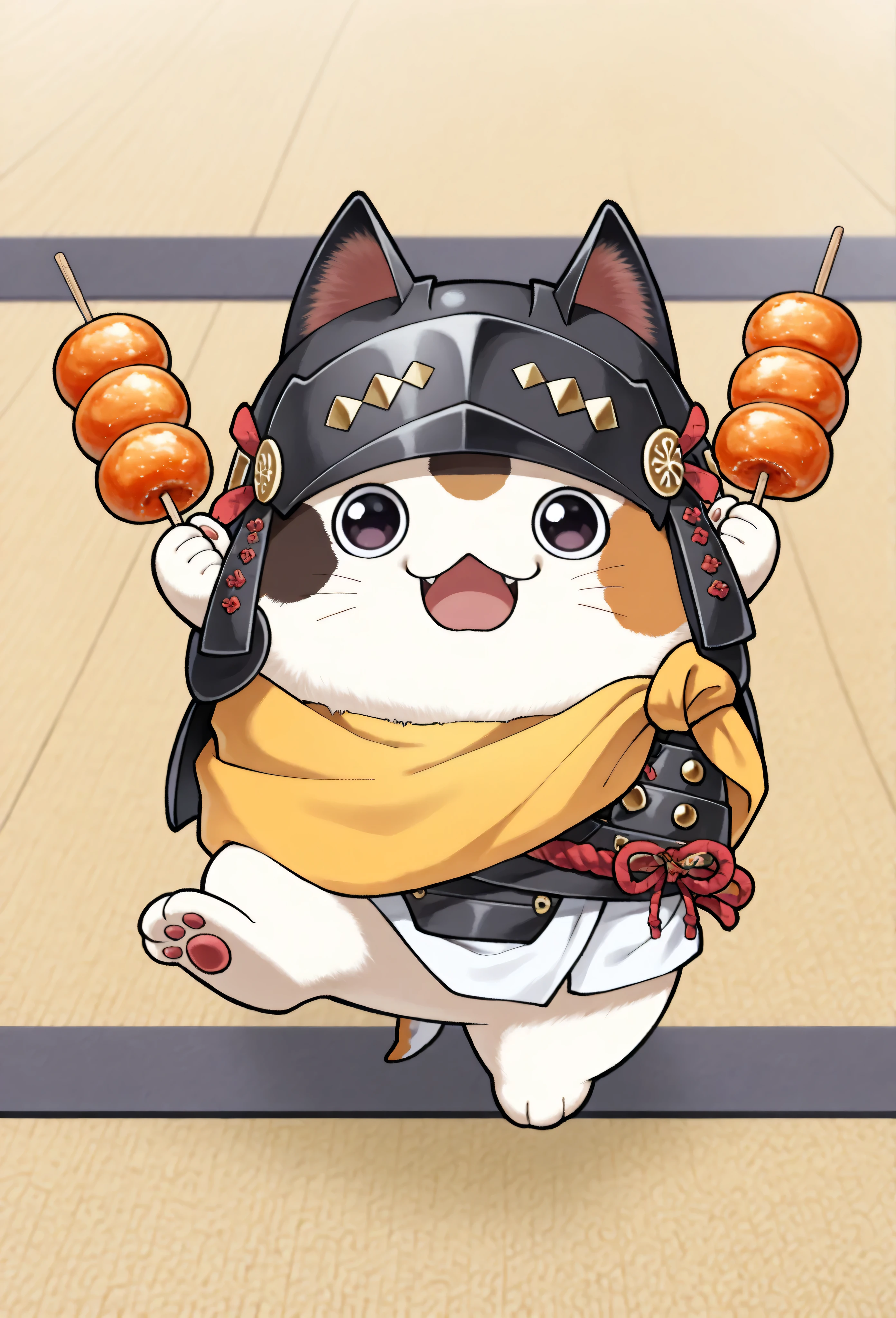 (masterpiece, best quality:1.2), Animal Focus , there are no humans, chibi-style cats, , proportions of 2 heads, samurai armor with soft cloth details, Holding a colorful dumpling skewer、 (Japanese sweets) Holding it with one leg、waving at the viewer on the other leg, opening his mouth as if he were trying to gnaw, playful and bright expression