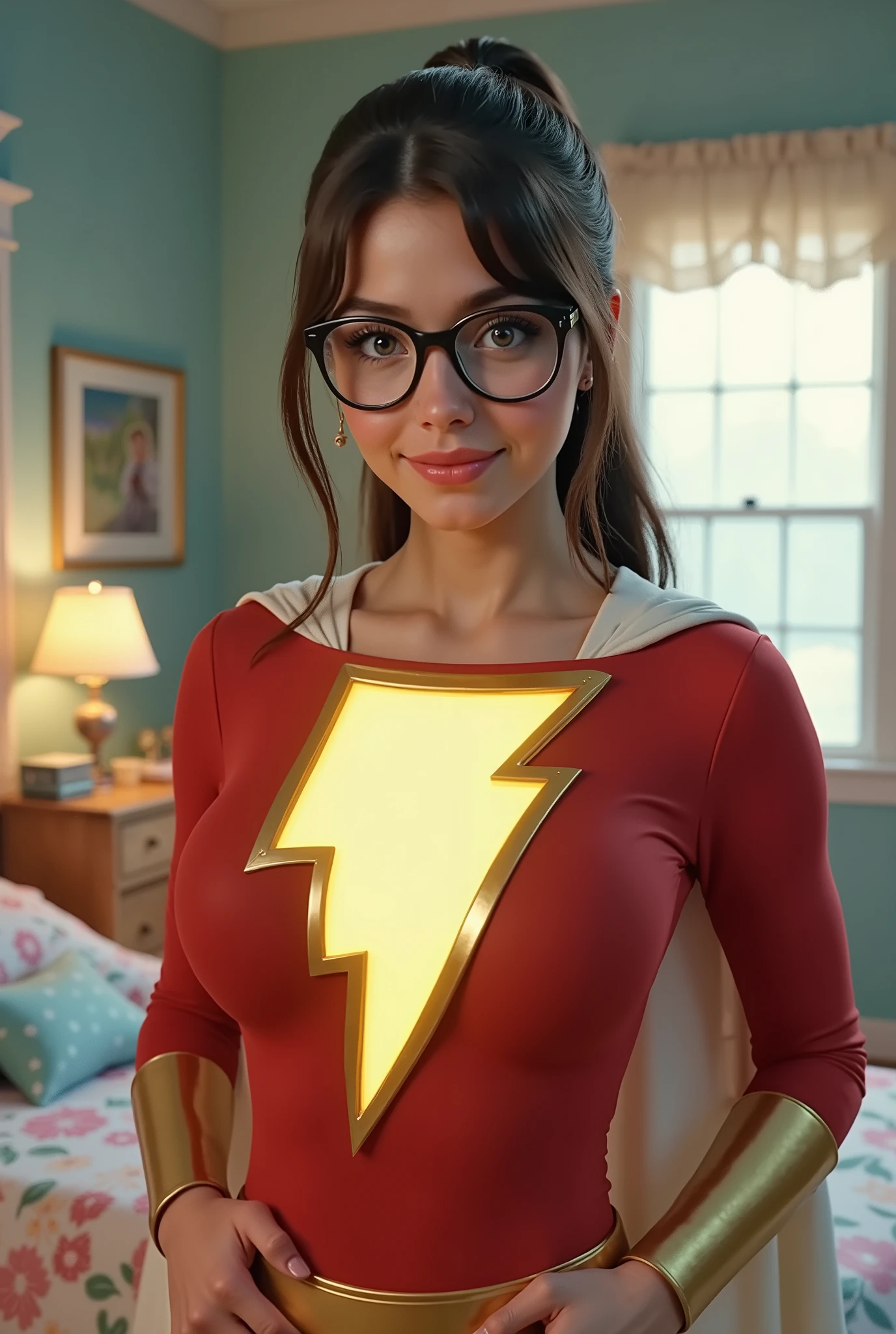 A FANTASY BEDROOM SCENE. A VERY SEXY, BLUE EYED, SEXY NERDY GIRL TRANSFORMS INTO A SEXY FEMALE SUPERGIRL AS HER BREASTS SWELL AND INFLATE MASSIVELY IN SIZE. NOW WEARING AN AUTHENTIC 1980 RED THICK SPANDEX FEMALE SHAZAM DRESS STYLE COSTUME WITH A YELLOW LIGHTNING "SHAZAM" EMBLEM AND A THICK WHITE SPANDEX SHAZAM CAPE. DREAMY BLUE EYES THICK NERDY GLASSES, CUTE NERDY FACE,8K HIGH RESOLUTION, SEMI PHOTO REALISTIC, LONG DARK HAIR IN A PONY TAIL. HYPER DETAILS, INTRECATE TEXTURES.