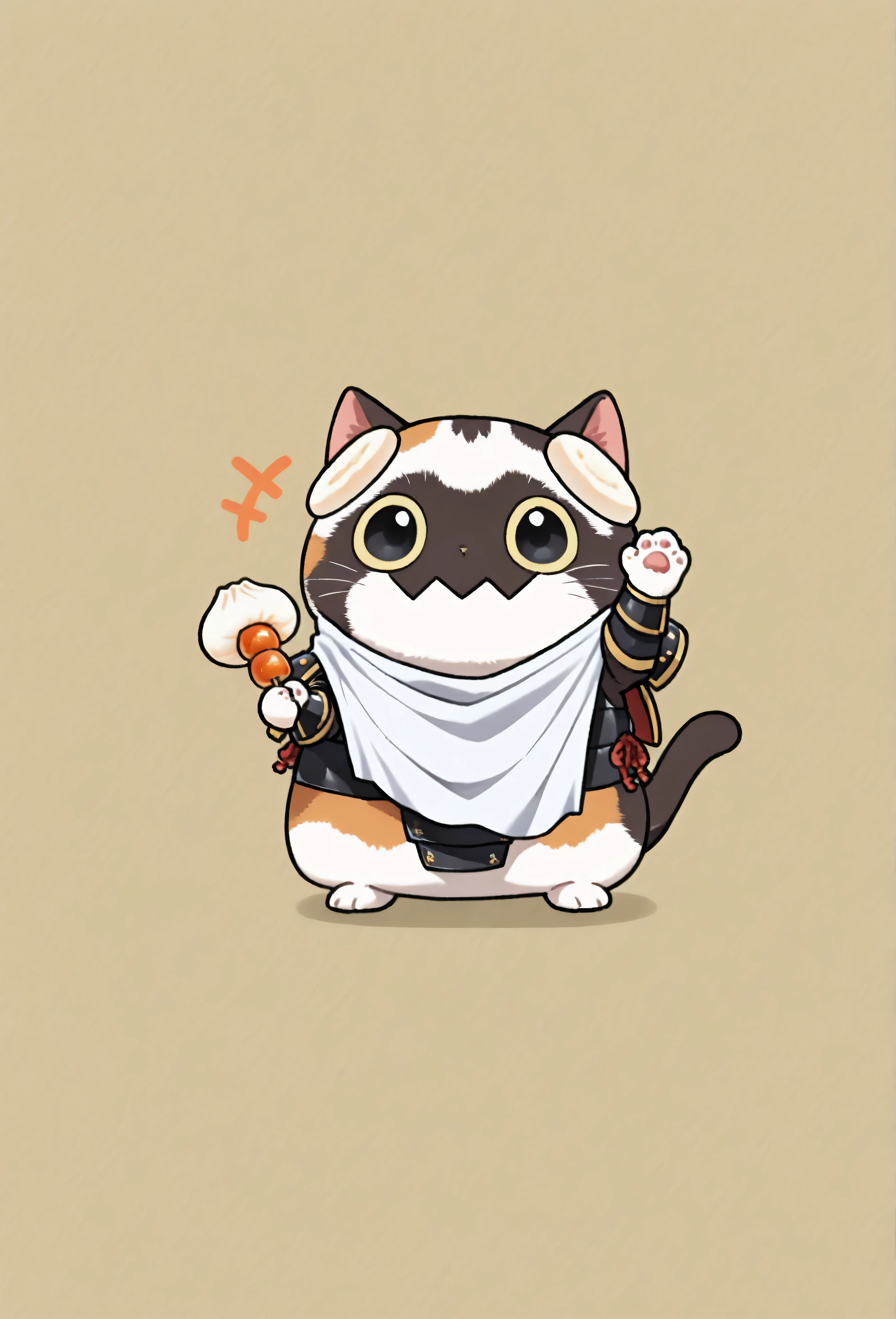 (masterpiece, best quality:1.2), Animal Focus , there are no humans, chibi-style cats, , proportions of 2 heads, samurai armor with soft cloth details, Holding a colorful dumpling skewer、 (Japanese sweets) Holding it with one leg、waving at the viewer on the other leg, opening his mouth as if he were trying to gnaw, playful and bright expression