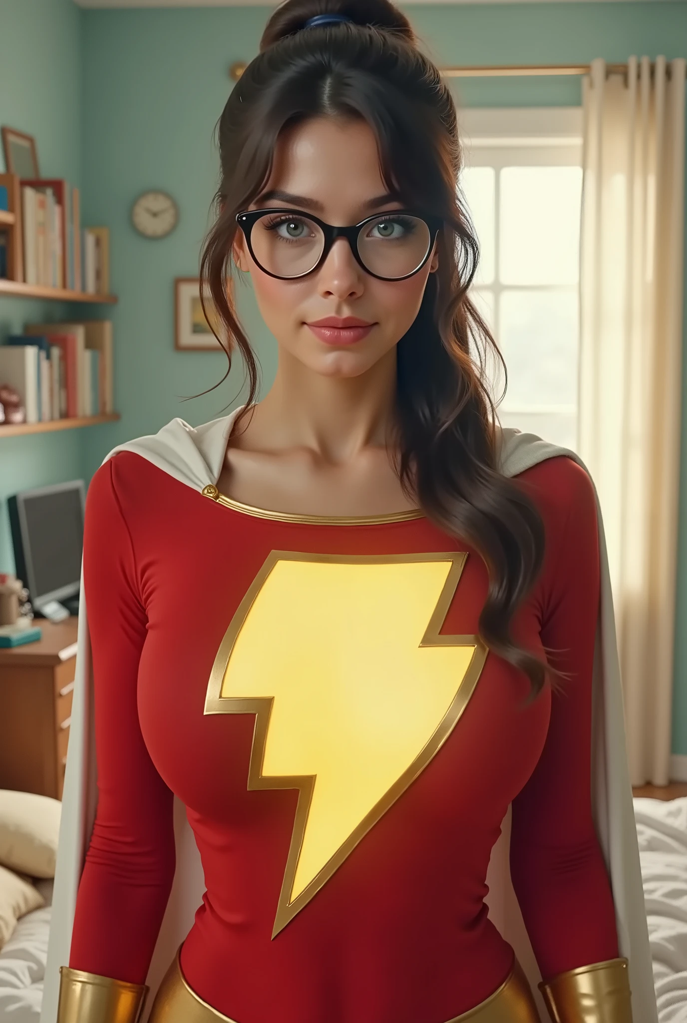 A FANTASY BEDROOM SCENE. A VERY SEXY, BLUE EYED, SEXY NERDY GIRL TRANSFORMS INTO A SEXY FEMALE SUPERGIRL AS HER BREASTS SWELL AND INFLATE MASSIVELY IN SIZE. NOW WEARING AN AUTHENTIC 1980 RED THICK SPANDEX FEMALE SHAZAM DRESS STYLE COSTUME WITH A YELLOW LIGHTNING "SHAZAM" EMBLEM AND A THICK WHITE SPANDEX SHAZAM CAPE. DREAMY BLUE EYES THICK NERDY GLASSES, CUTE NERDY FACE,8K HIGH RESOLUTION, SEMI PHOTO REALISTIC, LONG DARK HAIR IN A PONY TAIL. HYPER DETAILS, INTRECATE TEXTURES.