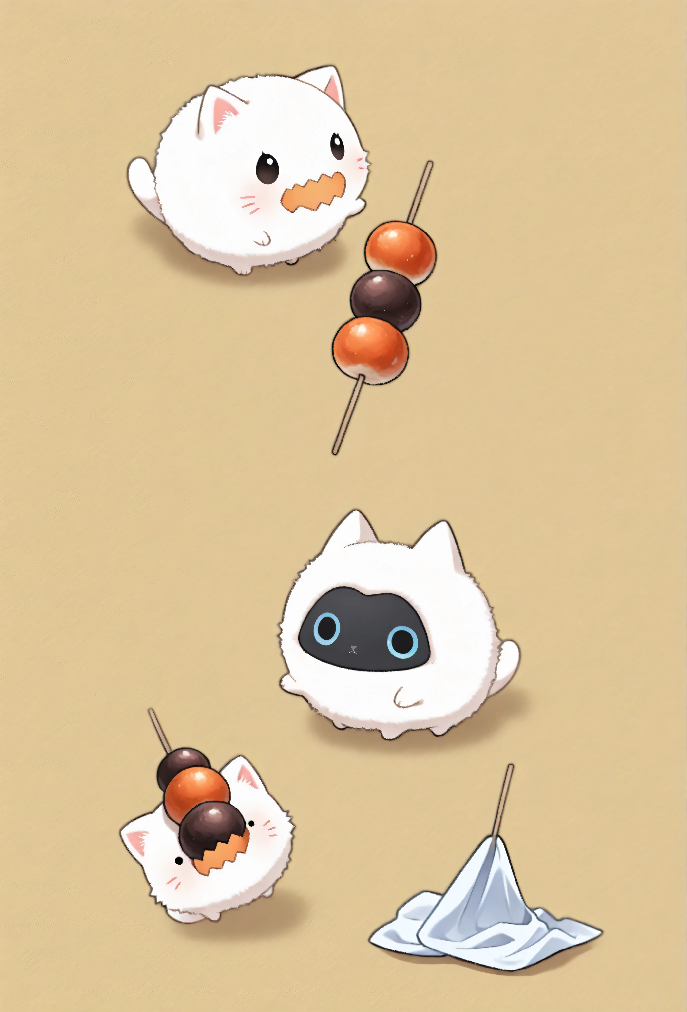 (masterpiece, best quality:1.2), Animal Focus , there are no humans, chibi-style cats, , proportions of 2 heads, samurai armor with soft cloth details, Holding a colorful dumpling skewer、 (Japanese sweets) Holding it with one leg、waving at the viewer on the other leg, opening his mouth as if he were trying to gnaw, playful and bright expression