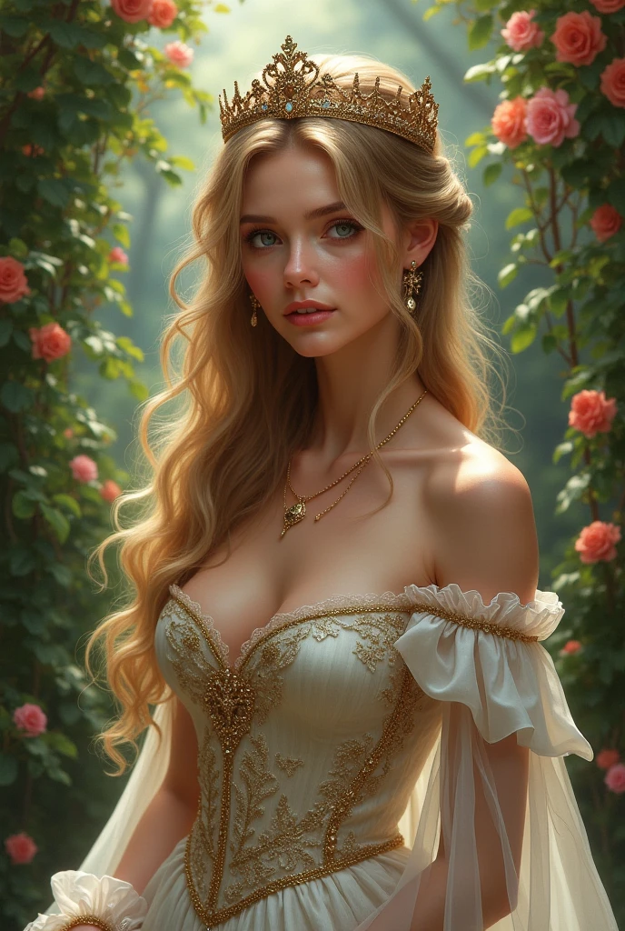 Medieval Fantasy Princess:1.3、Exquisitely detailed skin、Detailed facial features、Beautifully detailed eyes、Beautifully detailed lips、Highly detailed face、Long eyelashes、blonde、Very beautiful hair、Flowing Hair、Big Breasts、Narrow waist、Big Butt、Ideal proportions、Princess Pose:1.3、Facing forward、Light white dress、Leather Armor、The background is deep in the forest、sunset、wood々Overgrown and dim、Detailed Background、(Highest quality、8K、High resolution、masterpiece:1.2)、Super detailed、(Real、Photorealistic、Photorealistic:1.37), 
