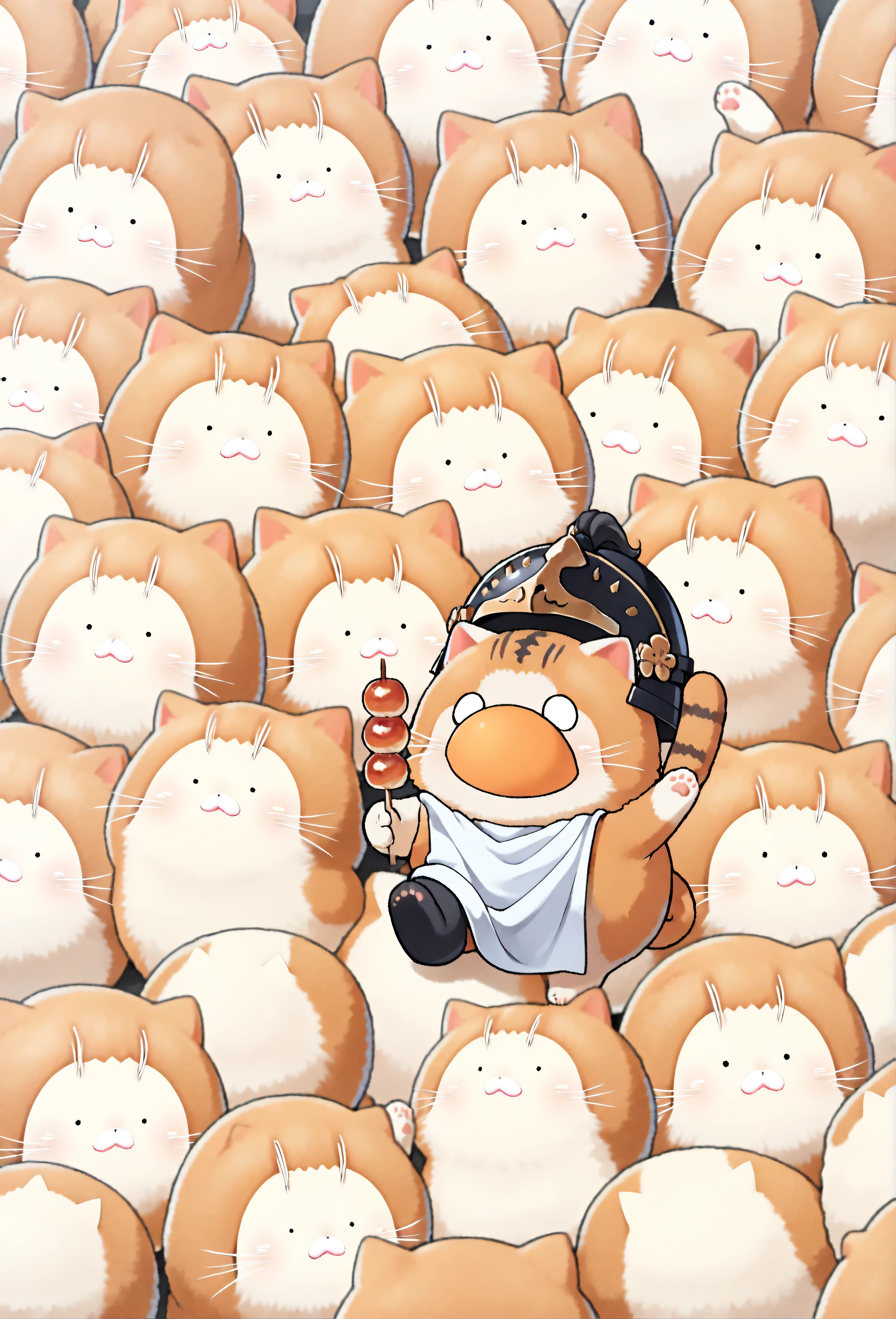 (masterpiece, best quality:1.2), Animal Focus , there are no humans, chibi-style cats, , proportions of 2 heads, samurai armor with soft cloth details, Holding a colorful dumpling skewer、 (Japanese sweets) Holding it with one leg、waving at the viewer on the other leg, opening his mouth as if he were trying to gnaw, playful and bright expression