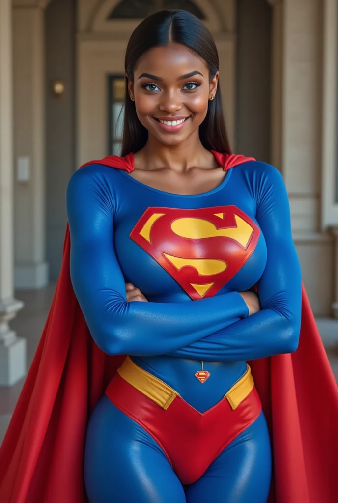 (Obra-prima Black woman beautiful , superheroine), (Ebony Pelé), (BBW, 45 Anos de idade), quadris enorme, cintura fina, (seios grandes: 1,9), (clivagem profunda), tiro da cintura, (cabelos longos e lisos), (Supergirl constume sexy) , coxas grossas, pernas grossas, sensual, hot, sorridente, (Sagging Tits: 1,9) , decotes enormes. ((mesmo personagem, headpe,, side))