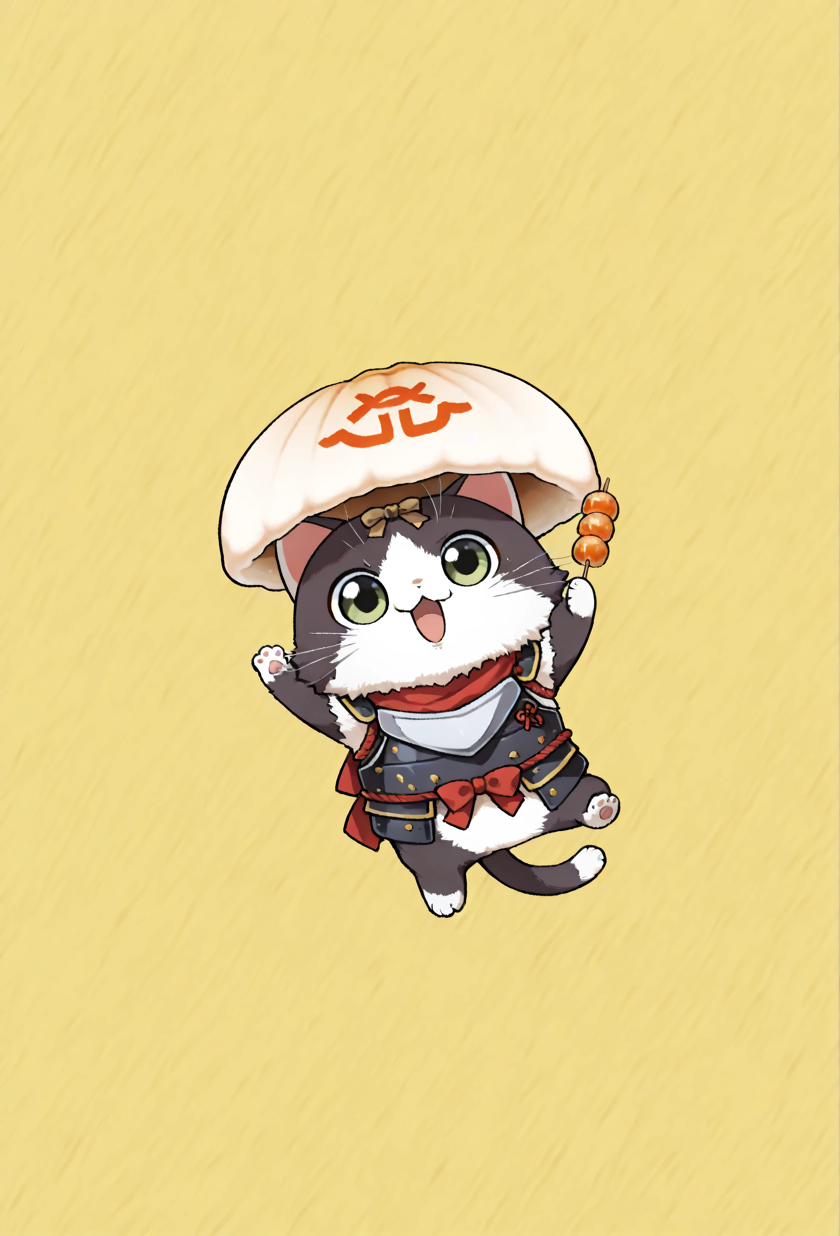 (masterpiece, best quality:1.2), Animal Focus , there are no humans, chibi-style cats, , proportions of 2 heads, samurai armor with soft cloth details, Holding a colorful dumpling skewer、 (Japanese sweets) Holding it with one leg、waving at the viewer on the other leg, opening his mouth as if he were trying to gnaw, playful and bright expression