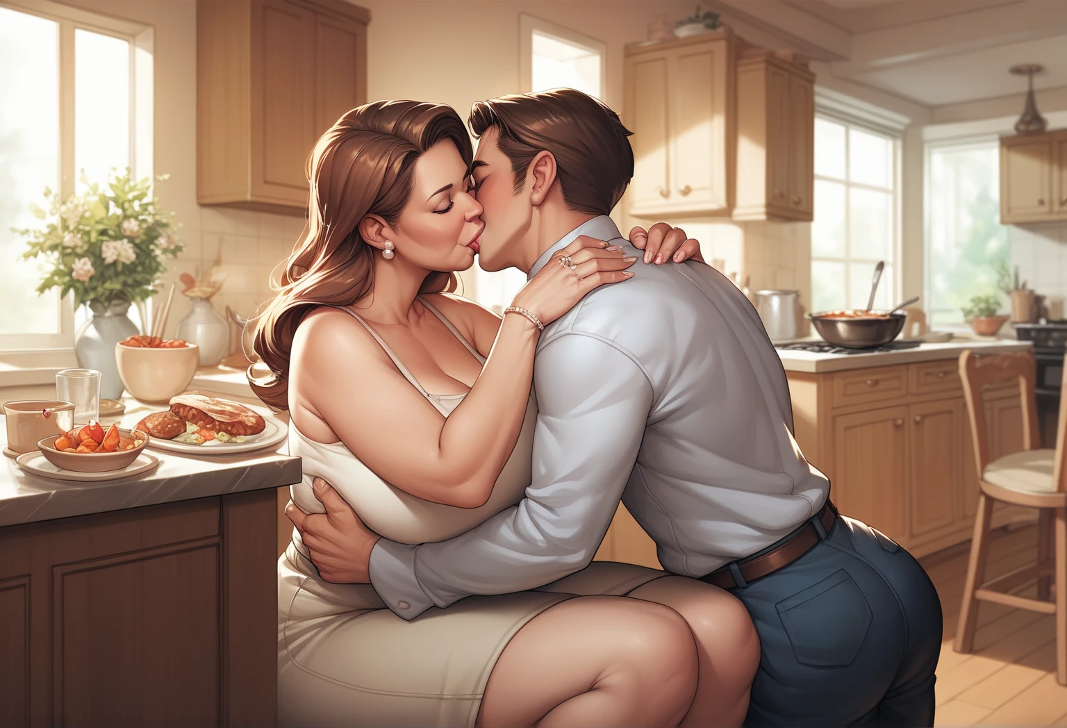 multiple thick body (mature women age 40 Columbian milf super model) wearing panties and topless, (((husband age 25, wife standing press breasts next against husband face, husband sitting in a chair smiling, hug low, side view, smothering breasts on head))) nsfw, kitchen daytime