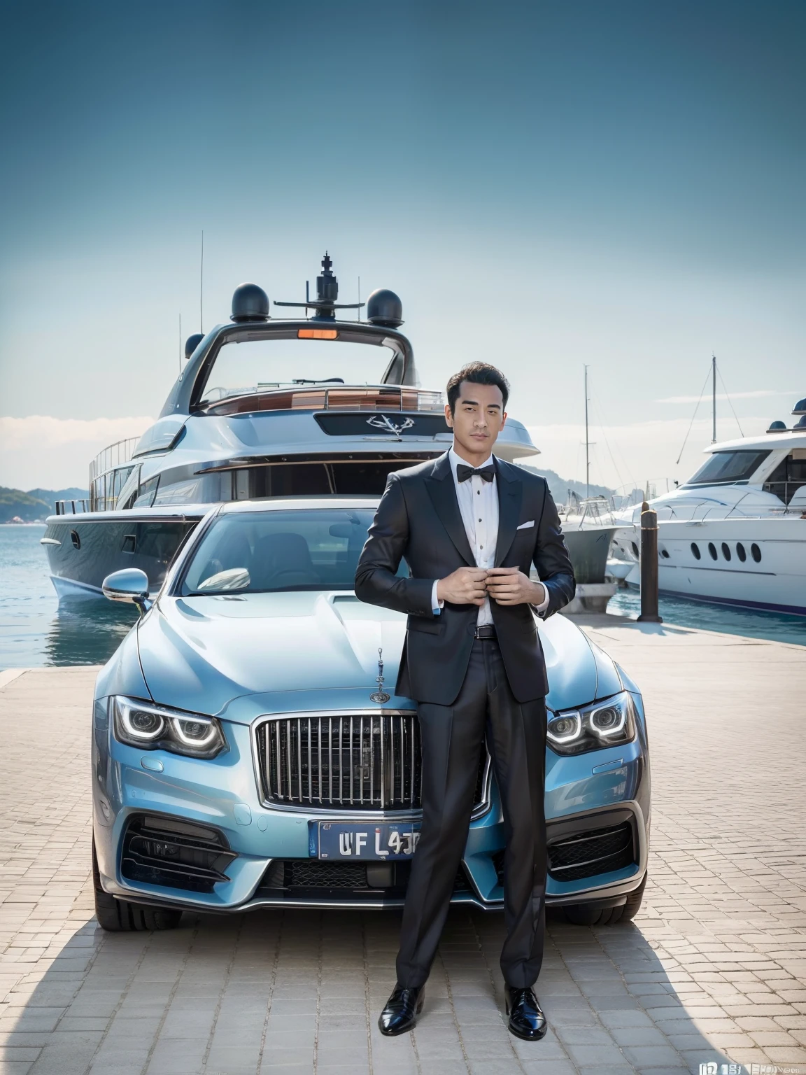 arafed man in a suit leaning on a car near a yacht and women stood between him, (asian) (eropean), wears red dress, flaunting his wealth, luxury lifestyle, luxury advertisement, cover shot, luxury and elite, handsome and elegant, majestic masterpiece, luxury brand, on a super yacht