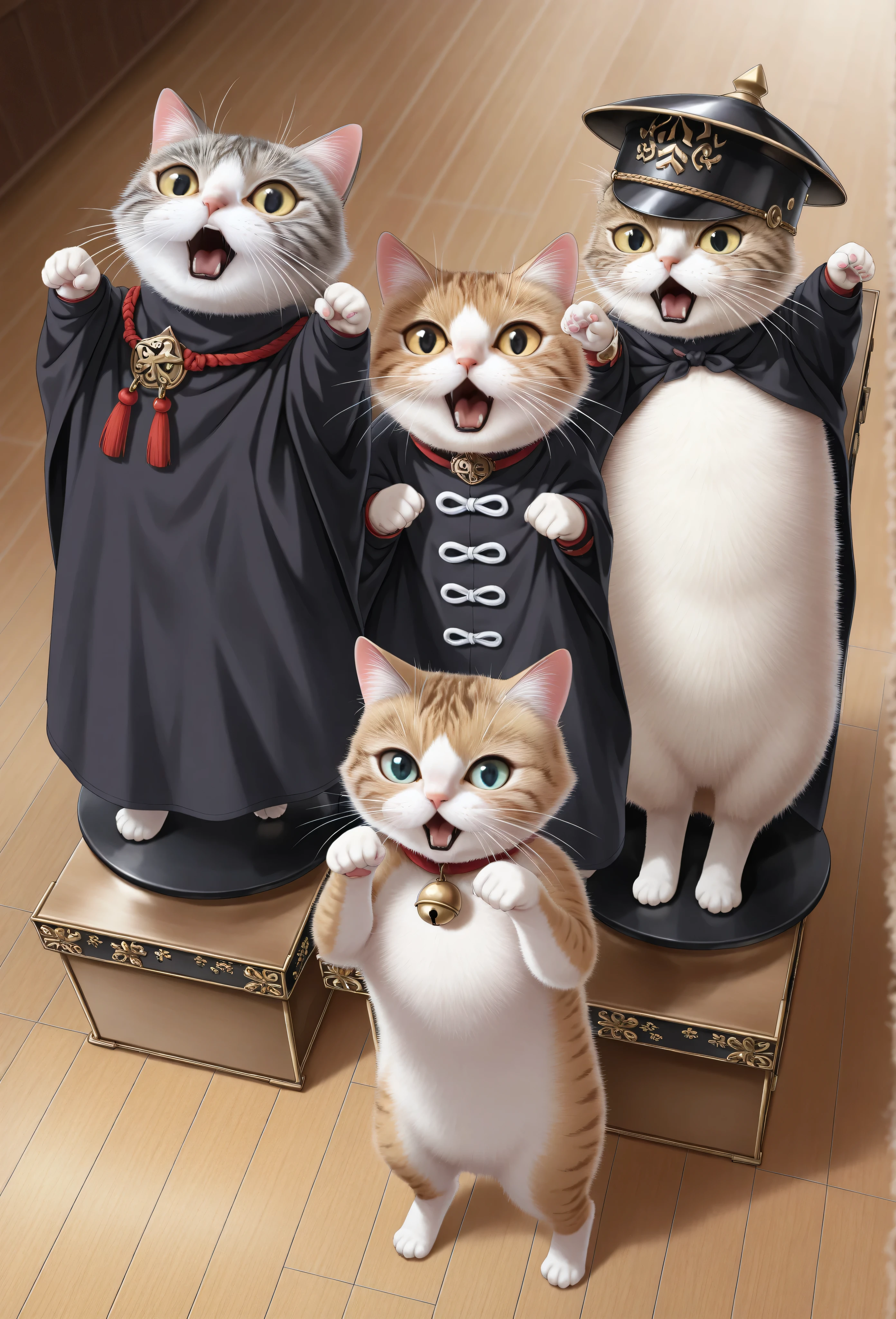 (masterpiece, best quality:1.2), Animal Focus , I have no human teeth, chibi-style cats, , proportions of 2 heads, , they open their mouths as if they were screaming。samurai drummer costumes {x} exaggerating details such as oversized tassels and ropes {x}, teeth drumsticks、enthusiastically play small drums in front of them, teeth、Like rhythm