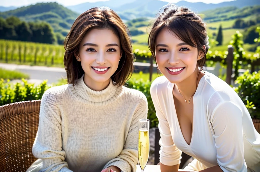 (Realistic:1.1),(masterpiece,Highest quality),8k,(49 years old), 53 years old, slimカップル、Tight waist,Upper Body,full-course dinner、wine 、Amazing view of the sunset sky and clouds、Perfect Anatomy, Brown Hair, short hair,Random Hairstyles,((Highly detailed face and eyes:1.2)),Perfect golden ratio face,Long sleeve shirt、dress,(smile:1.2)、Shortcuts、cute、(Realistic, Intricate details:1.2), A bright smile、short hair,Bright Face、赤wine 、Appetizers、Italian food、wine bottle、Champagne、スパークリングwine、(slimな顔), (The body is slim), (Brown Hair), (Shortcuts), Upper Body, 白wine, slim, wineグラス,