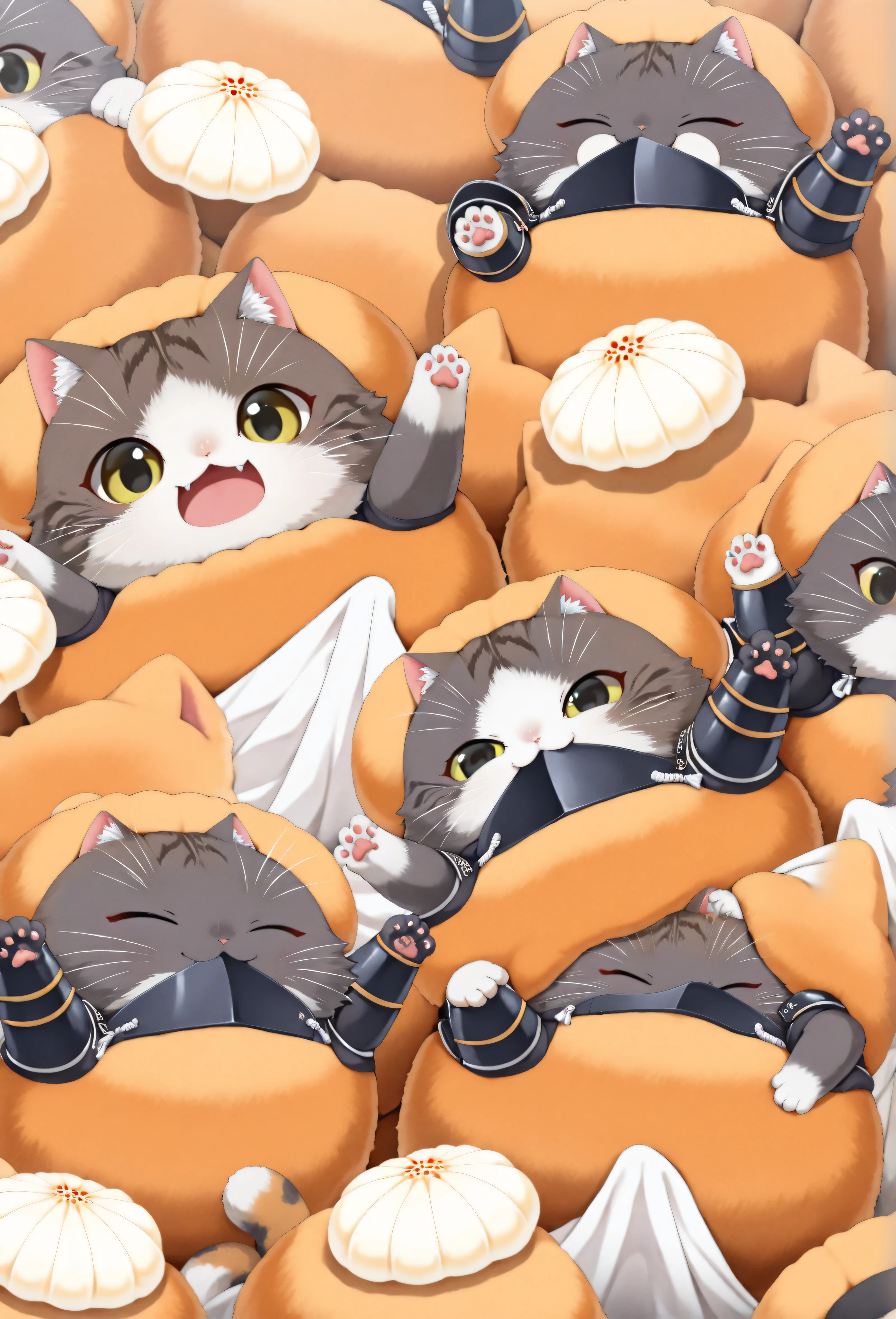 (masterpiece, best quality:1.2), Animal Focus , there are no humans, chibi-style cats, , proportions of 2 heads, samurai armor with soft cloth details, Holding a colorful dumpling skewer、 (Japanese sweets) Holding it with one leg、waving at the viewer on the other leg, opening his mouth as if he were trying to gnaw, playful and bright expression