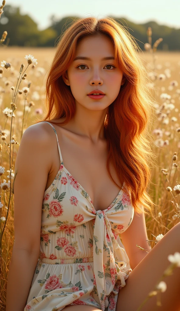 Photorealistic, natural lighting, a youg modern redhead goddess, Malese Jow, looking us, less clothes, in a field full of flowers, vivid colors, in space, realistic photograph, 8K, DOF