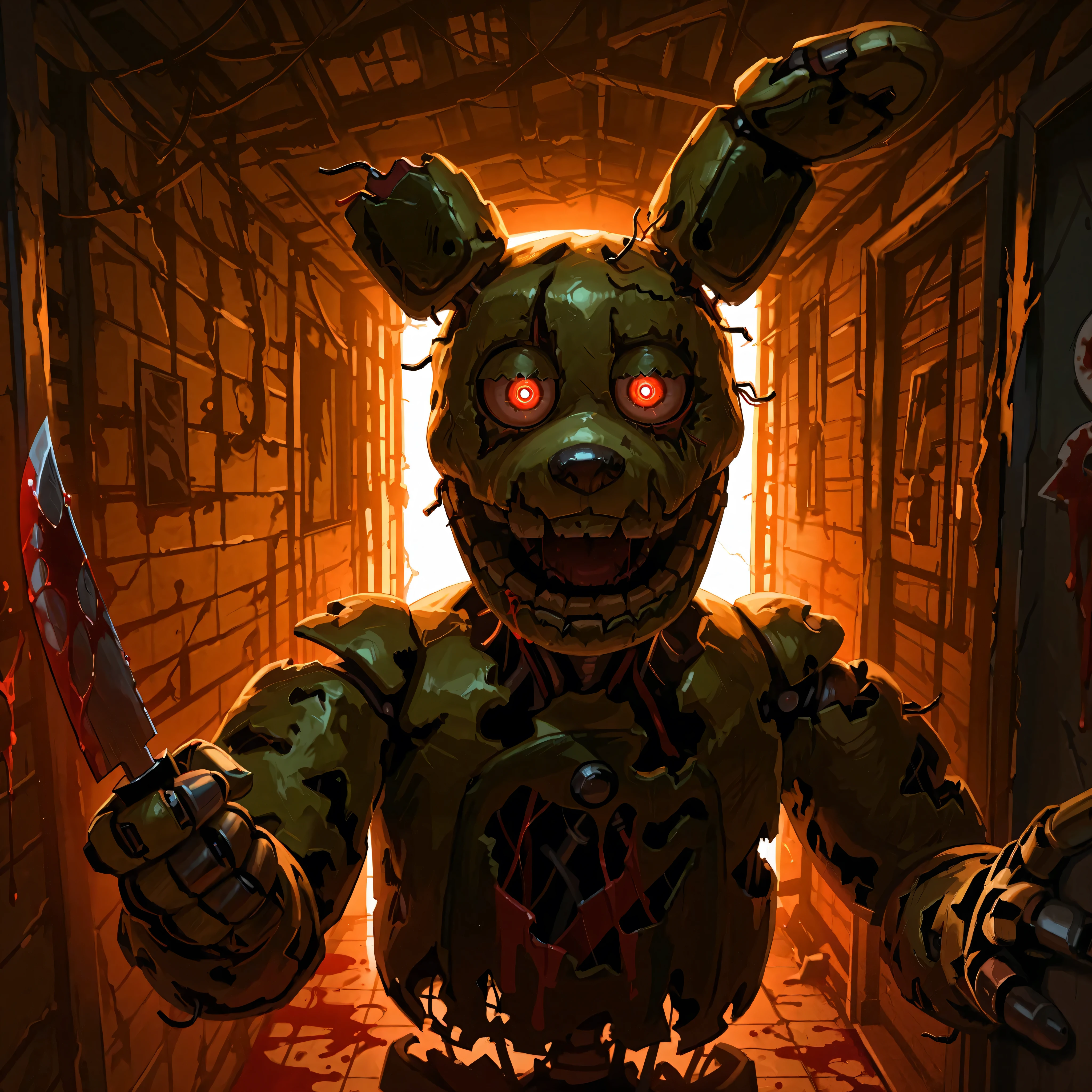 score_9, score_8_up, score_7_up, solo, masterpiece, best quality, amazing quality, absurdres, newest, high res, ultra detailed, best quality, best artwork, detailed eyes, (eyes focus), perfect eyes, 4k, ultra quality, perfect face, realistic:0.5, ultra realism, at night, dark dim lighting, dark inside, dark indoors, pitch black hallway, detailed scenery, abandoned dark hallway, springtrap, animatronic, robot, open mouth, sinister feeling, dark an eerie, holding up knife, charging at viewer, spilled gasoline, blood