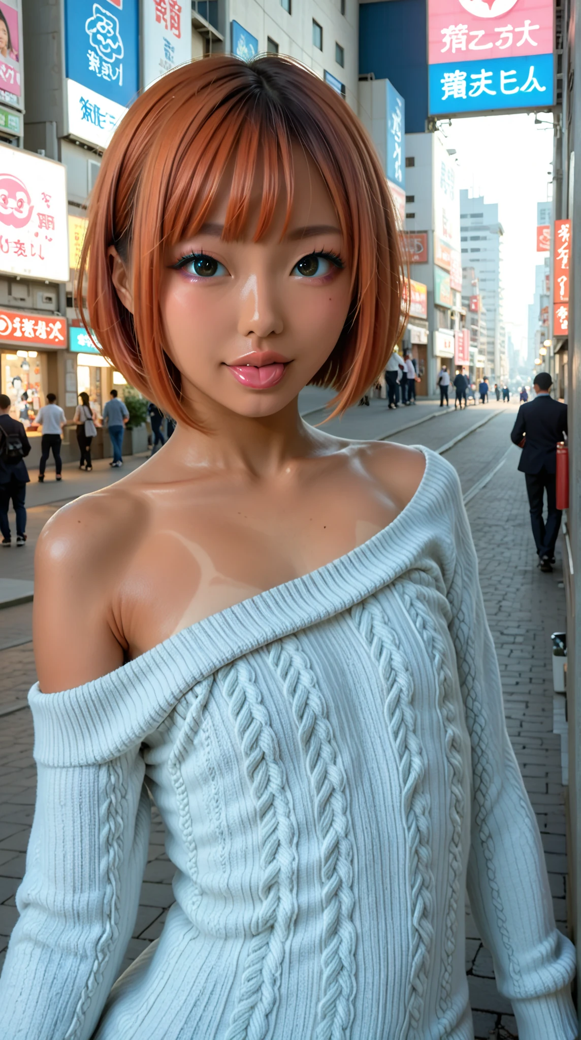 cute Japanese woman, (( gyaru)), ((round face)), (:1.2), ultra high details, natural skin texture, skindetailpxl, fluxenh4nce , detailxl, ((dark tanned skin:1.4)), perfect skin, ((shiny skin:1.5)), extremely beautiful face, realistic, elegant woman, well defined nose, HDA_AssFocusIL, ((ginger hair:1.3)), ((strait short bob cut hair)), (bangs), glossy lips, not korean-like, no korean characteristics, (flat chest), ((big eyes like a cartoon)), ((long lashes)), ((gal style makeup:1.4)), ((gal style eye shadow:1.4)), dynamic lighting, ((fascinated expression)), (Showing tongue), (looking at viewer), (standing), (side biew), (Sideways), ((medium close-up shot:1.3)), (knitted sweater dress), (Off Shoulder), (Glyco, Osaka, Japan , scenery, real world location, poster, (object), building, outdoors, realistic, photo background, neon light, neon sign)