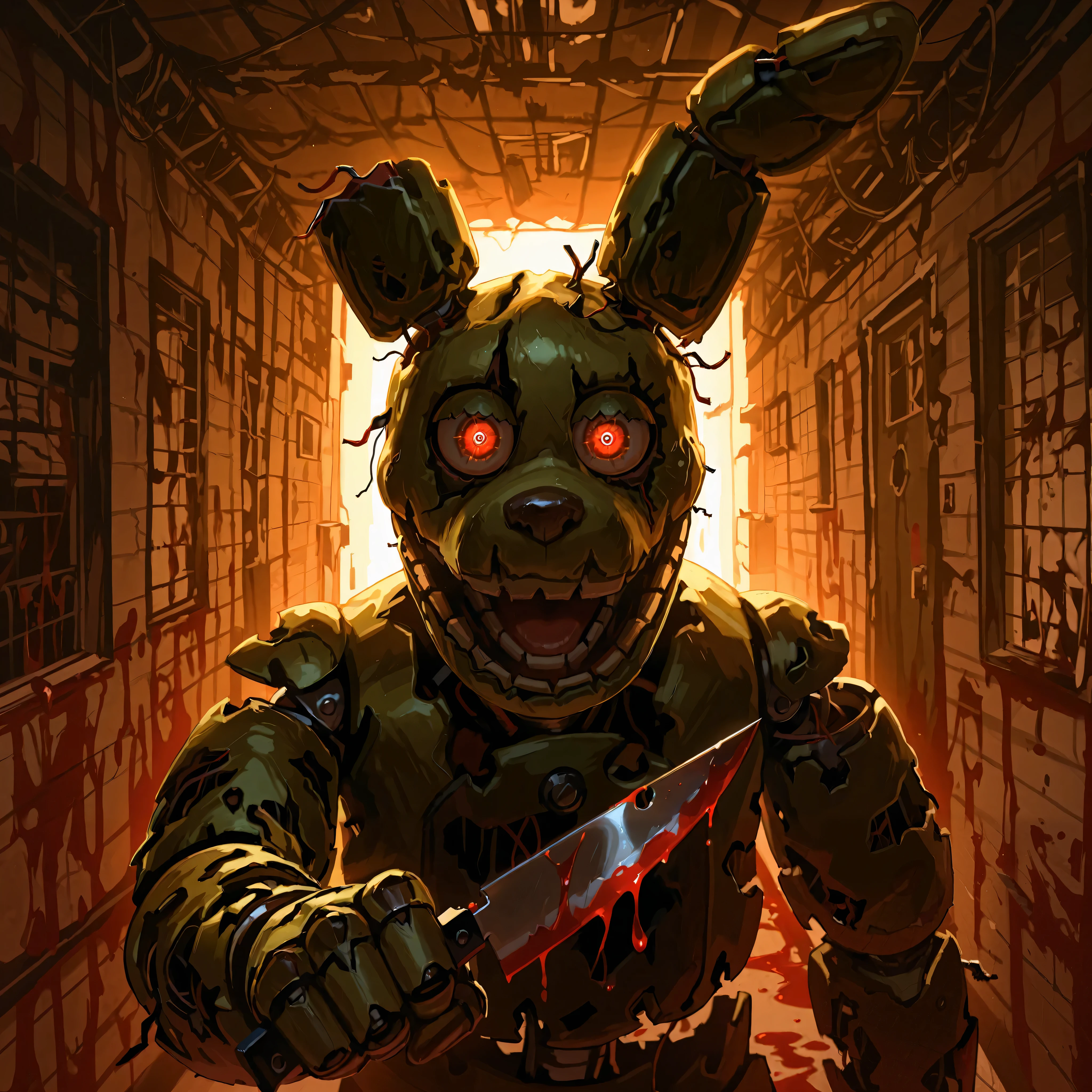 score_9, score_8_up, score_7_up, solo, masterpiece, best quality, amazing quality, absurdres, newest, high res, ultra detailed, best quality, best artwork, detailed eyes, (eyes focus), perfect eyes, 4k, ultra quality, perfect face, realistic:0.5, ultra realism, at night, dark dim lighting, dark inside, dark indoors, pitch black hallway, detailed scenery, abandoned dark hallway, springtrap, animatronic, robot, open mouth, sinister feeling, dark an eerie, holding up knife, charging at viewer, spilled gasoline, blood                                         