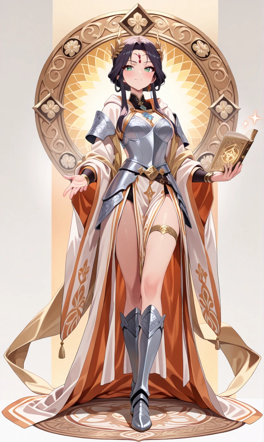 (tmasterpiece, Best quality at best), Complicated details, 8K, Sharpfortok) (Best quality at best) (delicate skin:1.3) (Complicated details) (8K) (A detailed eye) (jpn) Uma personagem feminina, bob hair, Asymmetrical hair, white hair clothes, White highlights, hair light, blond eyes, femele, animemanga girl, the street,  male people,    s the perfect face, A detailed eye, Skinny, bold colour, keen vision, femele, Young person, idoly, facing at the camera, placed in a, Nun dress，Gold armor，Slim armor shape，holy paladin，Holding a golden sword, tarot cards,character  design，Conceptual role, Full body illustration, white backgrounid, character sheets, Character reference