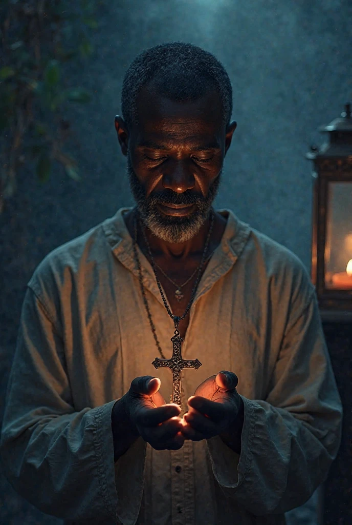 Crie uma imagem hiper realista de um homem velho afrodescendente, 80 anos, olhos brilhantes, cansados e triste, pele negra, cabelos  branco, roupa branca , Cord of seeds and teeth of animals around the neck, sitting on a small wooden bench barefoot. The decoration should be of antique brick wall with several lit candles, with candlelight lighting. Several candles lit on the floor, with a lot of smoke in an intimate and religious environment. Use a Sony A7 III camera with an 85mm lens at an aperture setting of F 1.2 para desfocar o fundo.  Richness in the features of the face, boca e olhos. Crie uma imagem ultrarrealista que captura a beleza natural e a personalidade, dramatic lighting, ......................................3d, VFX, 9:16 cinematic lighting, Estilo Phock, Estilo UltraVector, hyper realistic, cinemactic, Ultra High Definition, HDR, cinemactic, Realistic, precision detailed (moldura para foto) cintura), imagem central, Estilo, bioluminescente, tamanho real 8, 8K resolution