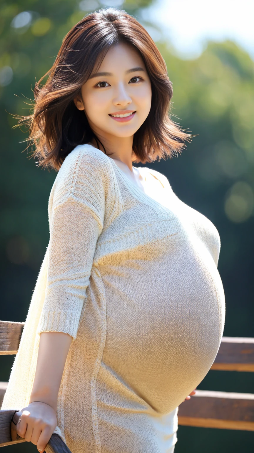 very very big pregnant midriff tanktop and jeans woman,black short hair,belly,stuck out bellybutton, city