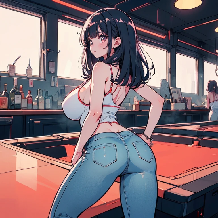 masterpiece, best quality, ultra high res, beautiful detailed hair detailed face, perfect feminine face, (((taihou))), azur lane, twintails hair, ahoge, black hair, hair ornament, (black tank top, jeans), ((sunglasses)), (gigantic breasts:1.1), sagging breasts, (((disk jockey))), dj table, night , huge cleavage, art by sakimichan, george kamitani, akira yasuda