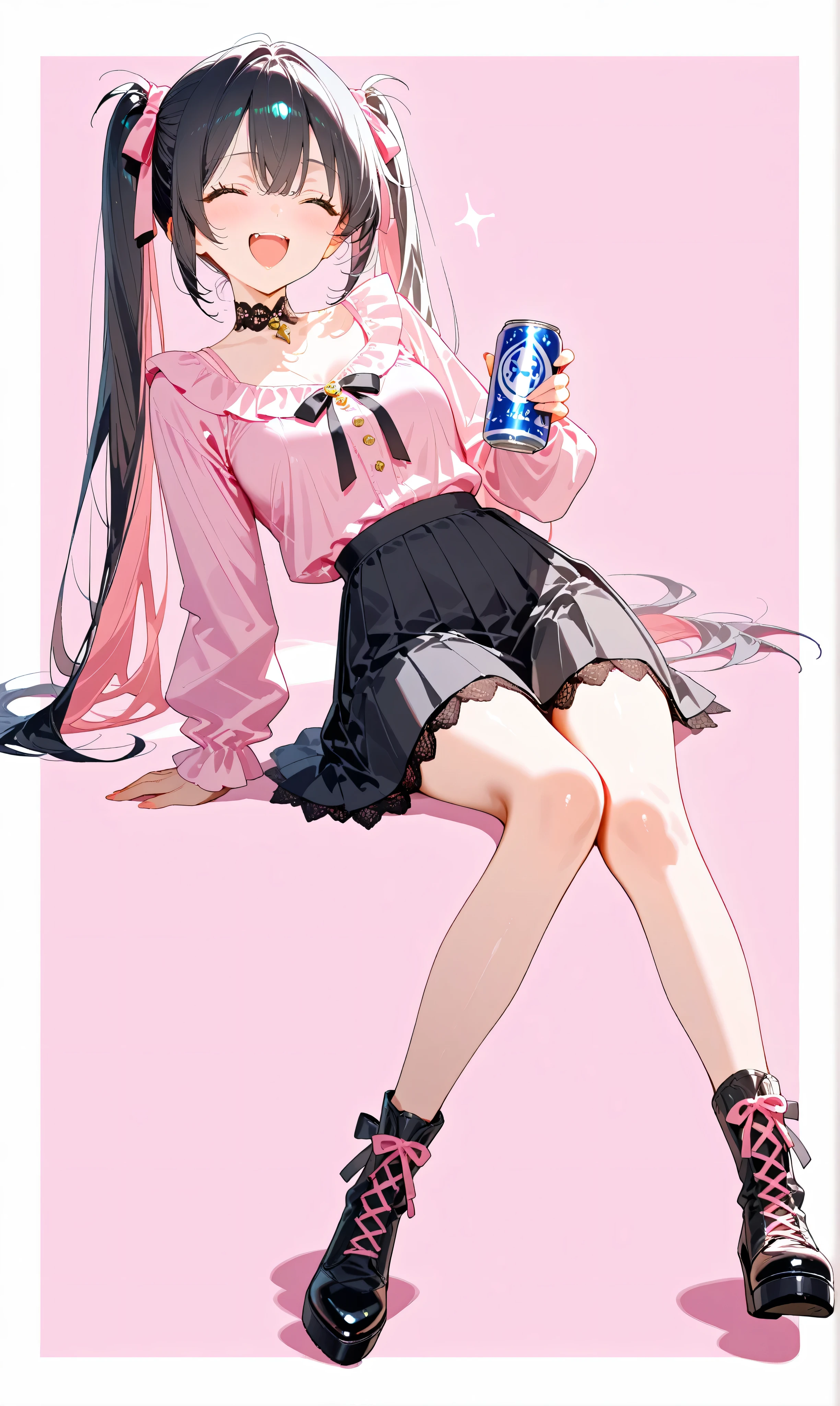 (watercolor: 0.5), ( pastel : 0.5), laughing while sitting , black hair with blurry pinkish highlights、holding a can of drink, long twin tails , sitting on the ground , Soft brush , tilt your neck, pink ruffle blouse , black pleated skirt , drink can ribbon accent , Black Lace Trim , pink and black aesthetic , cute Japanese fashion , white minimalist background , video viewers , Drink from a can with a straw , Holding a drink can, full body view. , beautiful, masterpiece, high quality, 4K UHD, ridiculous