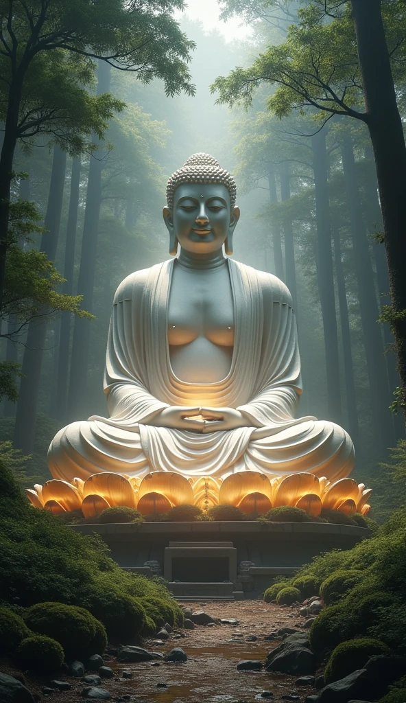 The Buddha is sitting in meditation, his figure is huge, there are lotus candles in front of him, the atmosphere is solemn and pure