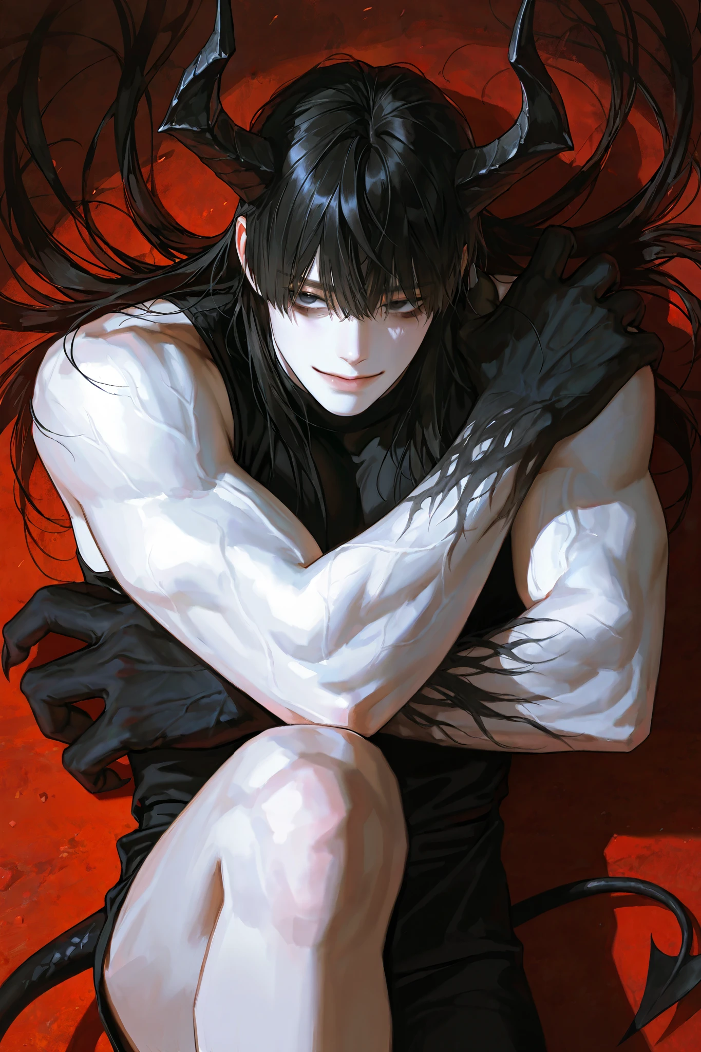 middle-aged male, handsome, Lying, 1 man with a gun, dark circles under eyes, short hair, male-centered, handsome man, Thick painted , Korean Comic Style , semi-realistic art , semi-realistic art style, expressive brushwork, vibrant brushstrokes, Impressionist painting , realistic skin, realistic hair , realistic detail, photorealistic, High Details, muscular, near, heavy body, big hands, alone, alone, Front view, devil, with horns, long hair, long hair, sharp nails, black hair, Covered with bangs, devil 옷, devil 날개, black tail, human arm, white skin, Smiles , long side hair, sitting , standing up