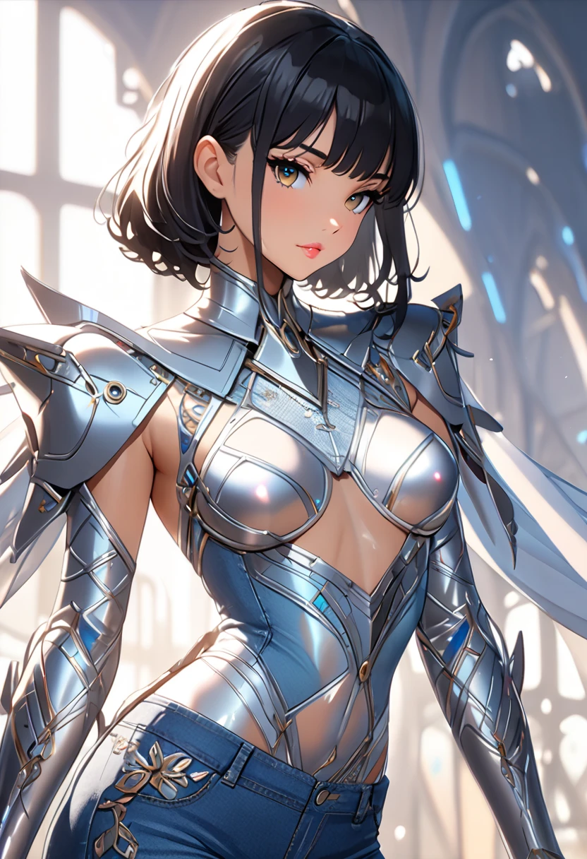 (The highest image quality, master piece:1.2), (Ultra Definition Illustration), (very cute :1.3), (1 girl:1.2), Solo, (short blond hair), (gorgeous red bikini armor:1.3), rpgroyalty, bare shoulder, armpits, sleeveless, black mecha