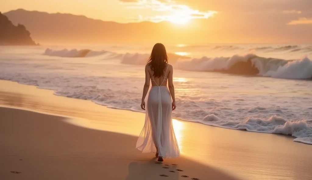 (realistic photo:1.37), Summer sea evening sunset, Sunset overlap the person, The sunset is reflected on the sea surface, (Dazzling sunset:1.4, beautiful evening sunset:1.3), (2 womens, Back view of two women on the beach), (((Holding hands and looking beyond the horizon))), (Lens Ghosting:1.5, lens flare:1.2, Octagon-shaped lens ghost), Fiery Horizon, (Silky platinum blonde Hair:1.2), (The other one woman ultra Shiny straight black hair:1.3), ((Natural backlighting:1.4)), ((one woman wears lace tiered mini skirt and sheer white Summer clothes)), ((The other one woman wears a sheer tulle skirt and Sheer Summer Dresses)), ((full body view:1.2)), Slightly slimmer body, Realistic Skin, Slightly large butt, high heels, 
BREAK. masterpiece, ultra high resolution, high definition RAW photograph, Highly detailed CG, best quality, 4K, perfect anatomy, perfect proportions, Romantic Landscape, Shooting from below, Sparkling sea, Accurate limbs, Back blur, Hand details, finger details, light leaks, erotic body