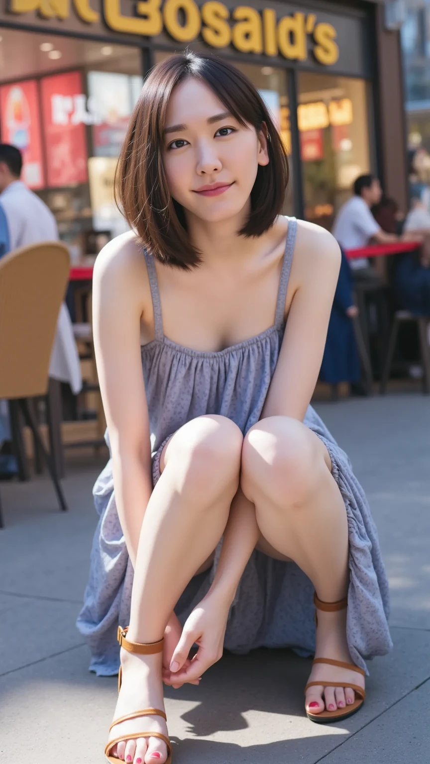 highest quality, masterpiece, Ultra-high resolution,16k,(((Face Focus))) (Realistic:1.6),((Portrait of a smiling person with their mouth wide open)) ,((Beautiful feet,)), ((White blouse with long pleated skirt)),((Slender body)),RAW Photos, 1 girl, 22 years old,((Crouching on the street)),((Short hair with a headband)),,((From below:1.4)),((Smiling with teeth showing)),